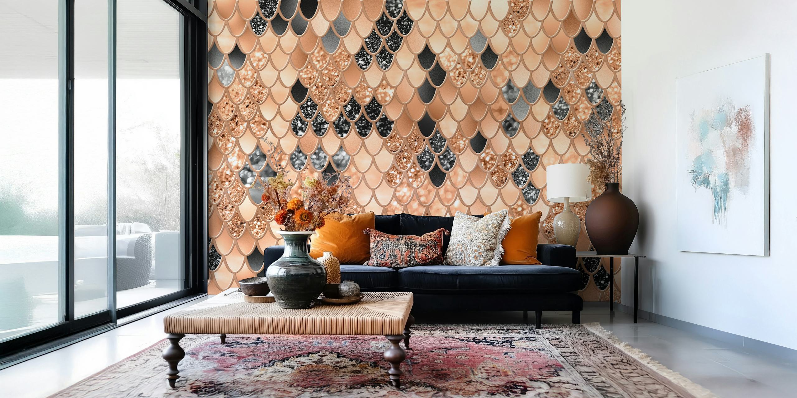 Peach Fuzz Black Mermaid Scales Glam wallpaper in room