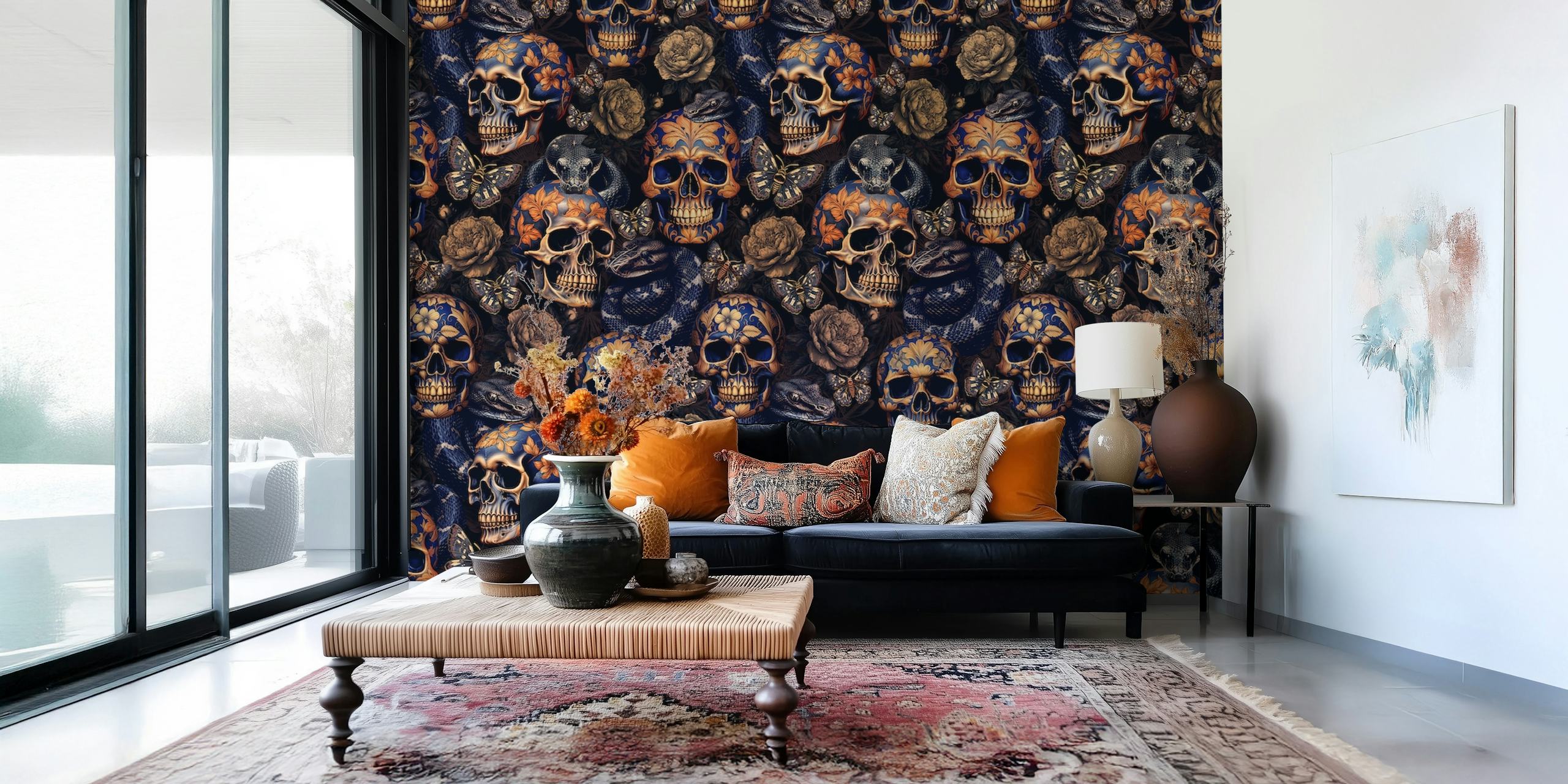 Gothic style wall mural featuring skulls and snakes on a dark background