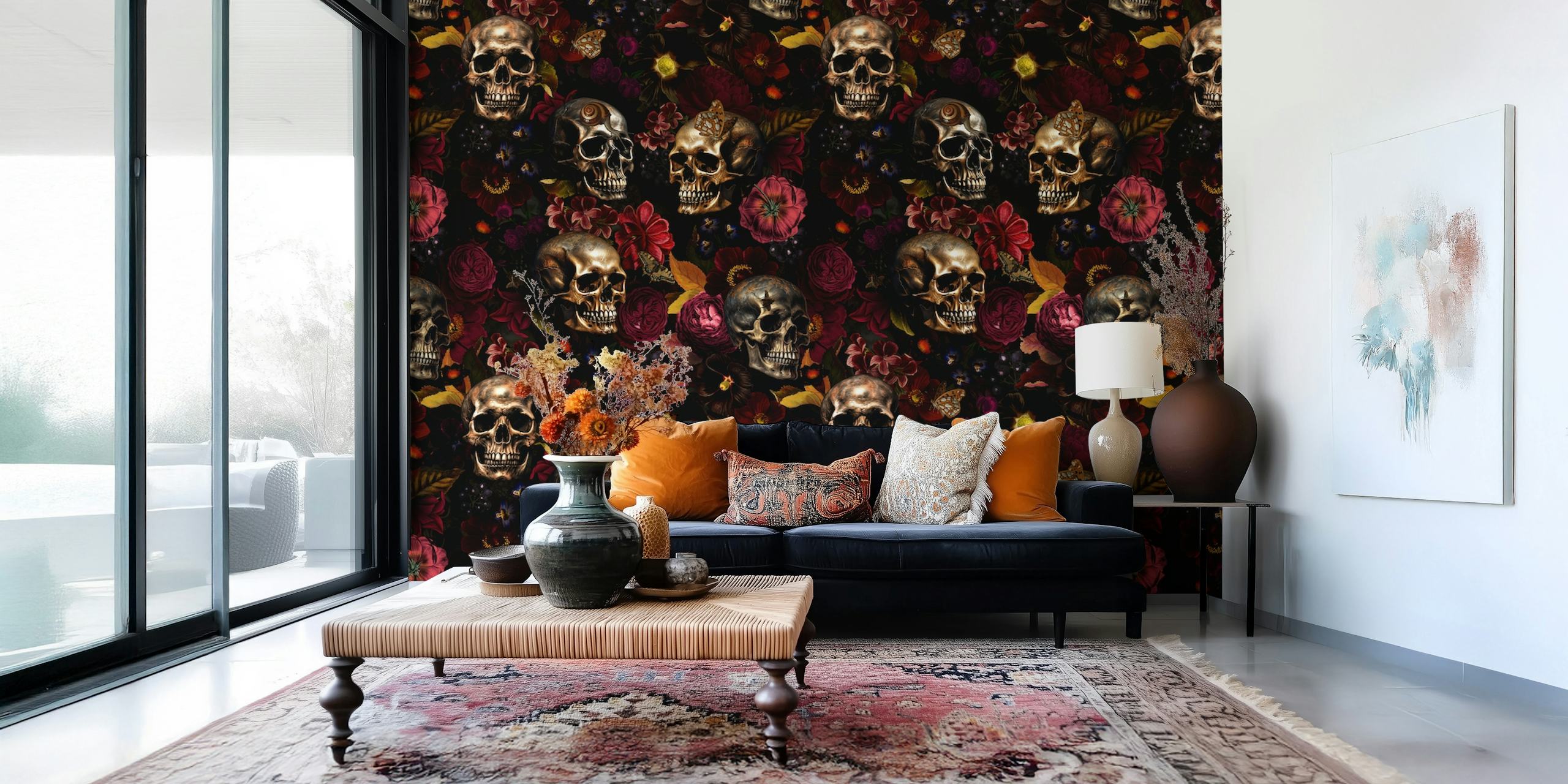 Baroque Skulls and Moody Florals Wall Mural in a Night Garden Theme