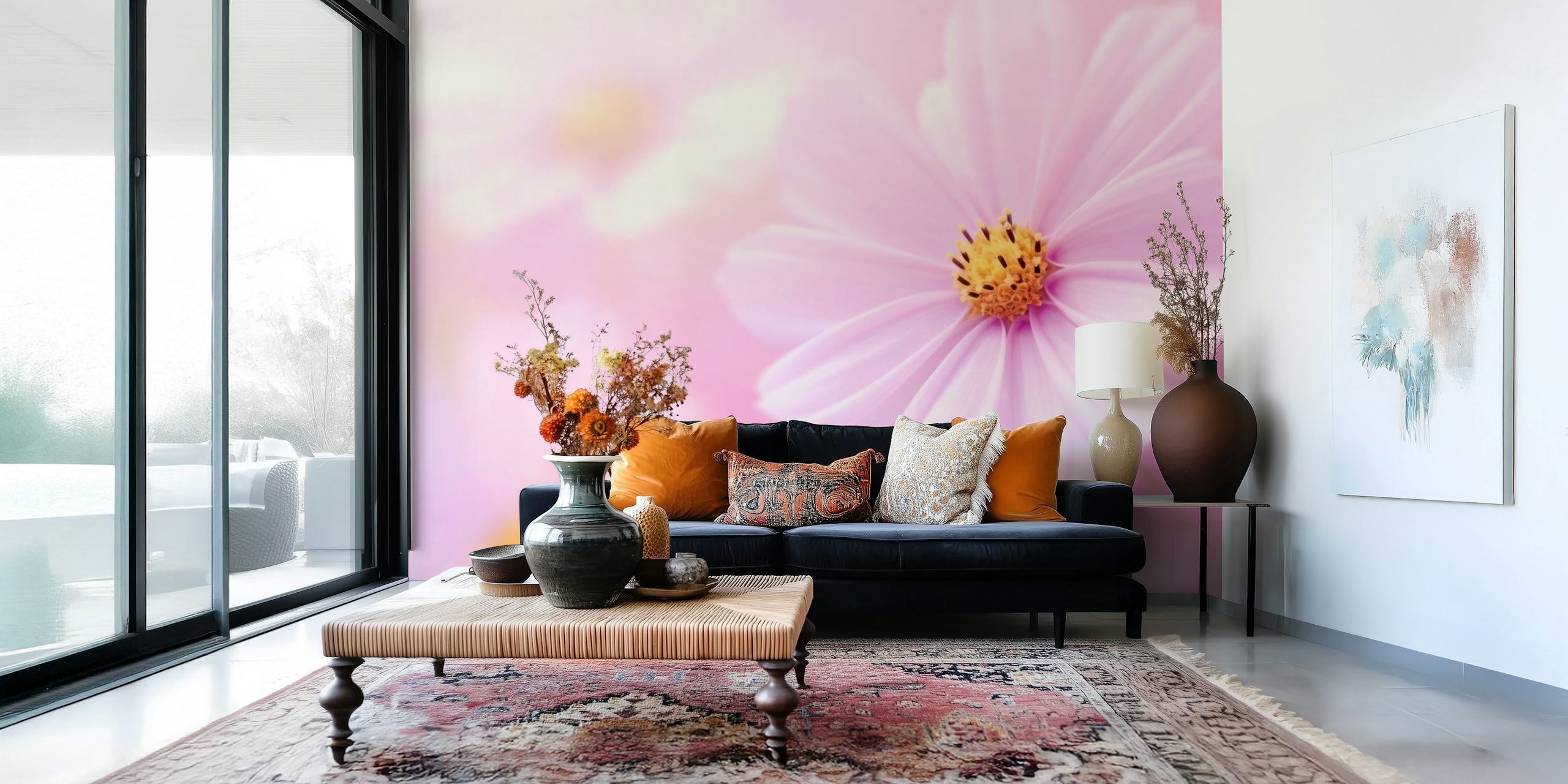 Nahaufnahme einer rosa Blüte, die das Wandgemälde „Beautiful Summer Day“ auf happywall.com darstellt