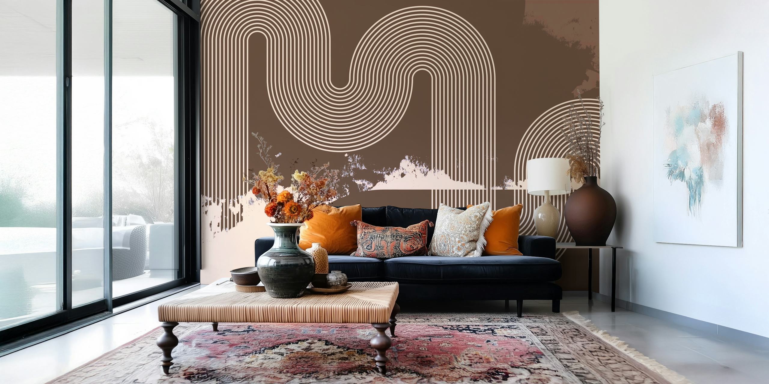 Mid Century Modern Curvy Line wallpaper in soft brown tones and flowing lines