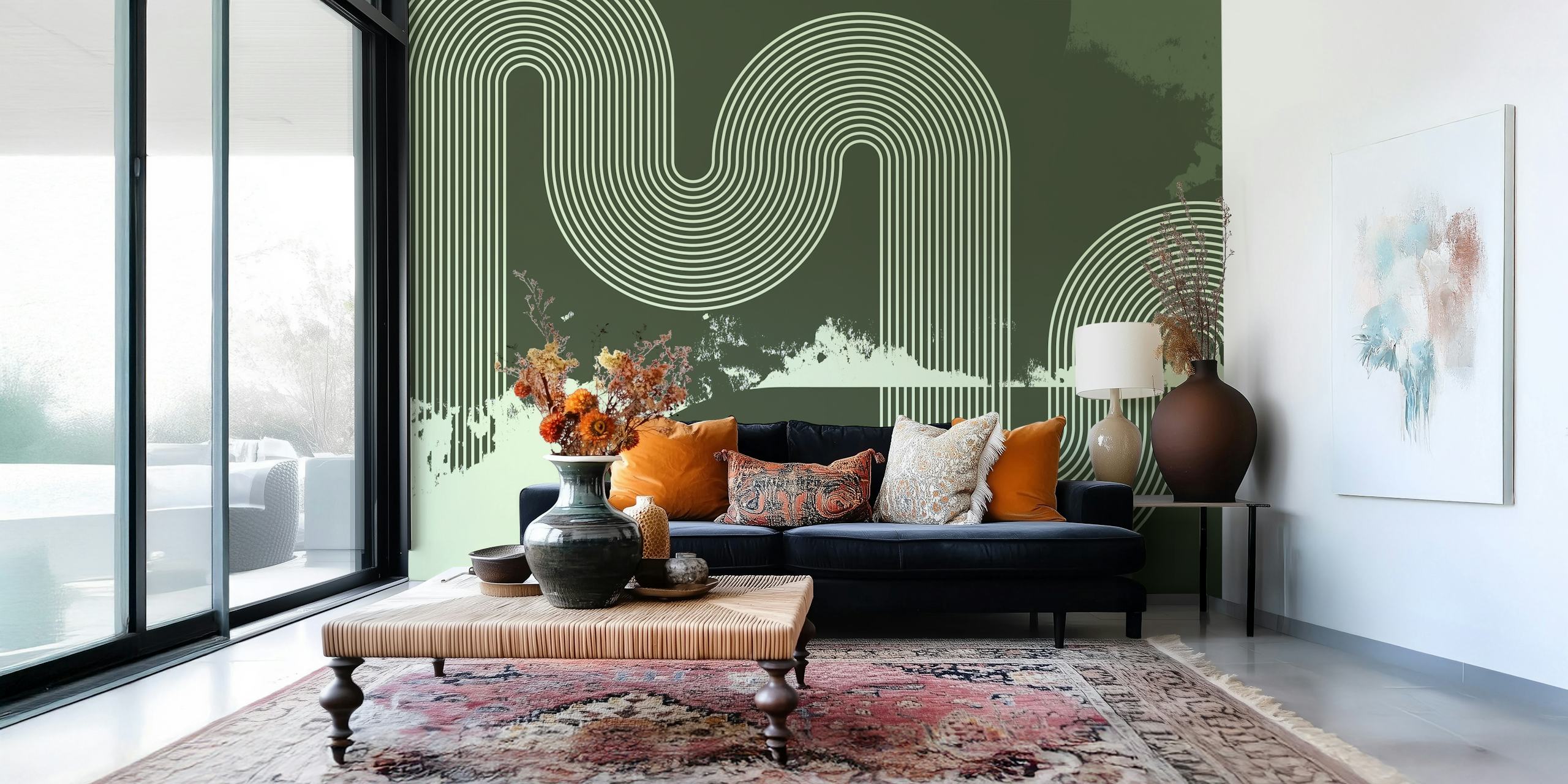 Mid Century Modern Curvy Lines Green wallpaper in a room