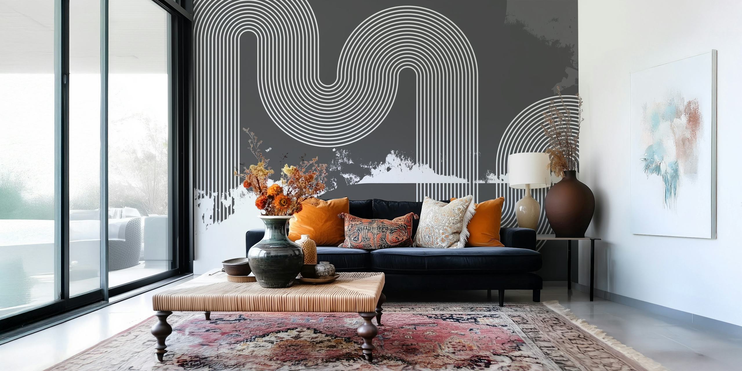 Mid Century Modern Curvy Lines Grey wallpaper in a room