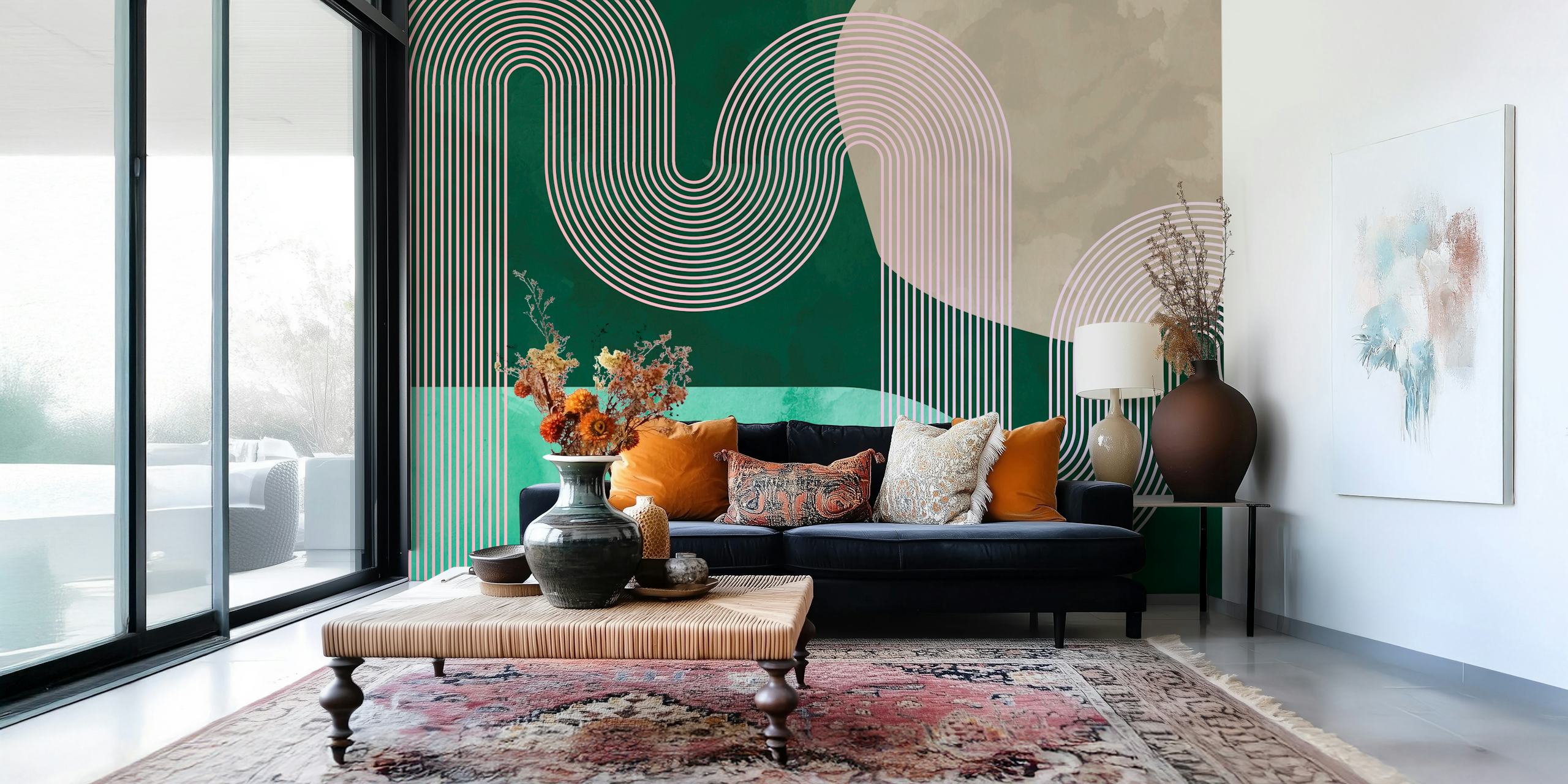 Curvy lines in green and pink tones with a mid century modern style wallpaper