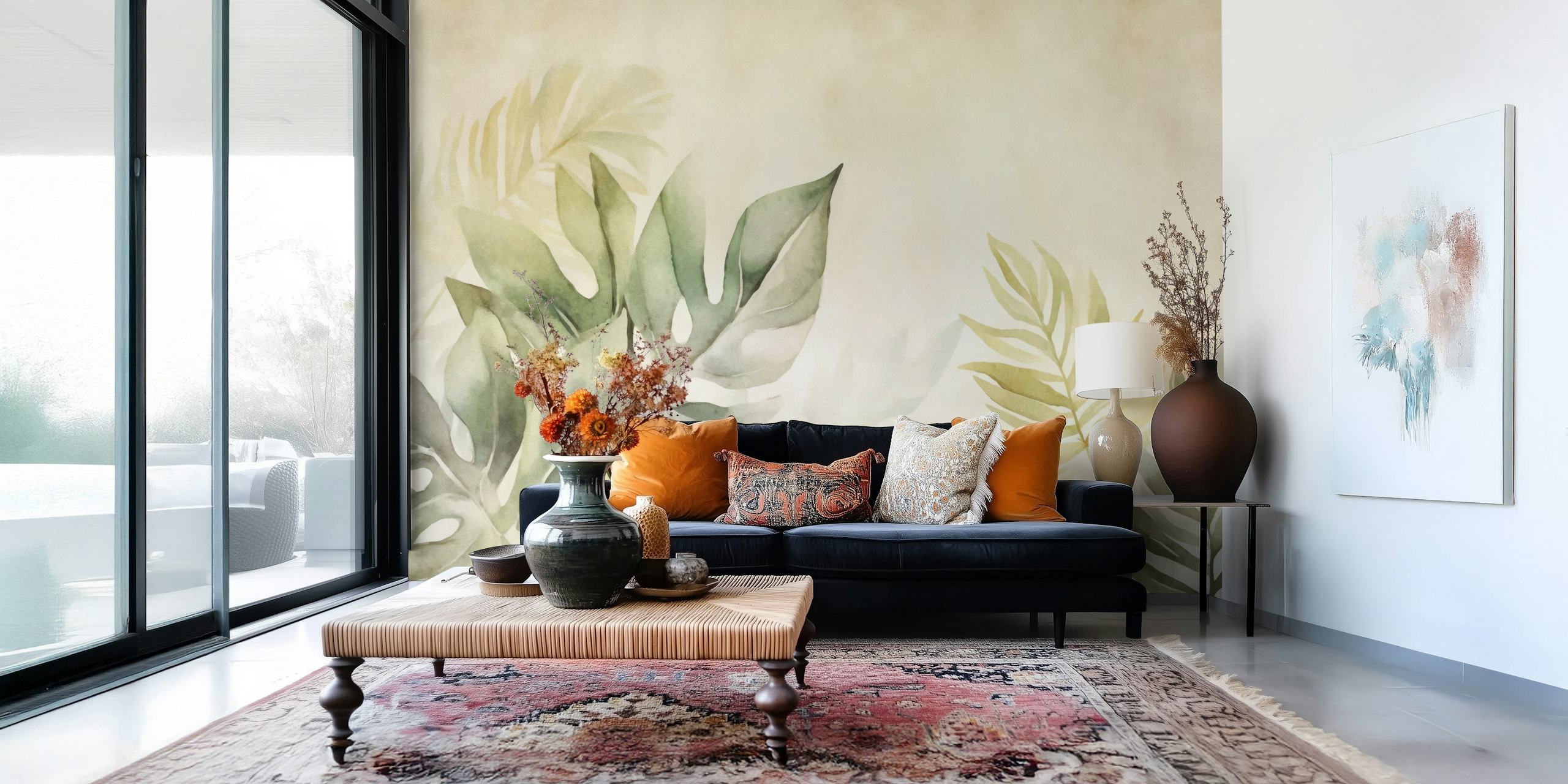 Gentle Leaf Tropical Whispers Beige Green wall mural with serene foliage