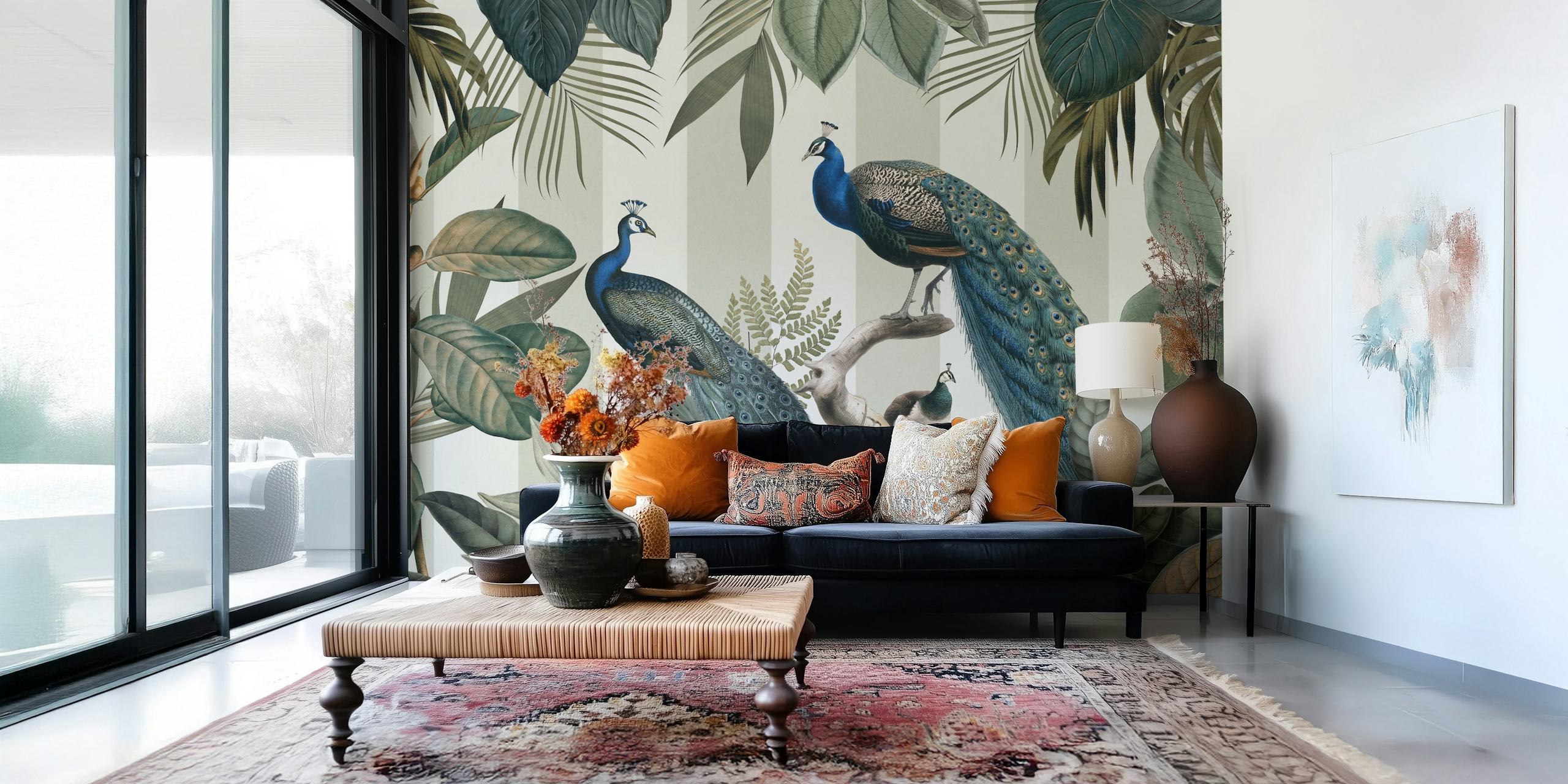 Majestic peafowls behang in een kameromgeving
