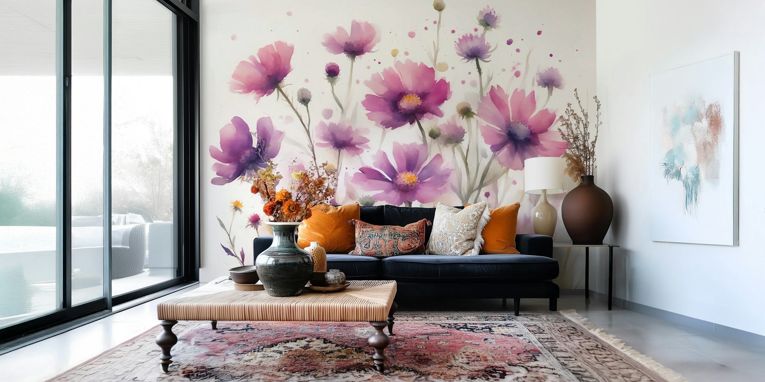 Magenta wildflowers wall mural with a soft-focus background