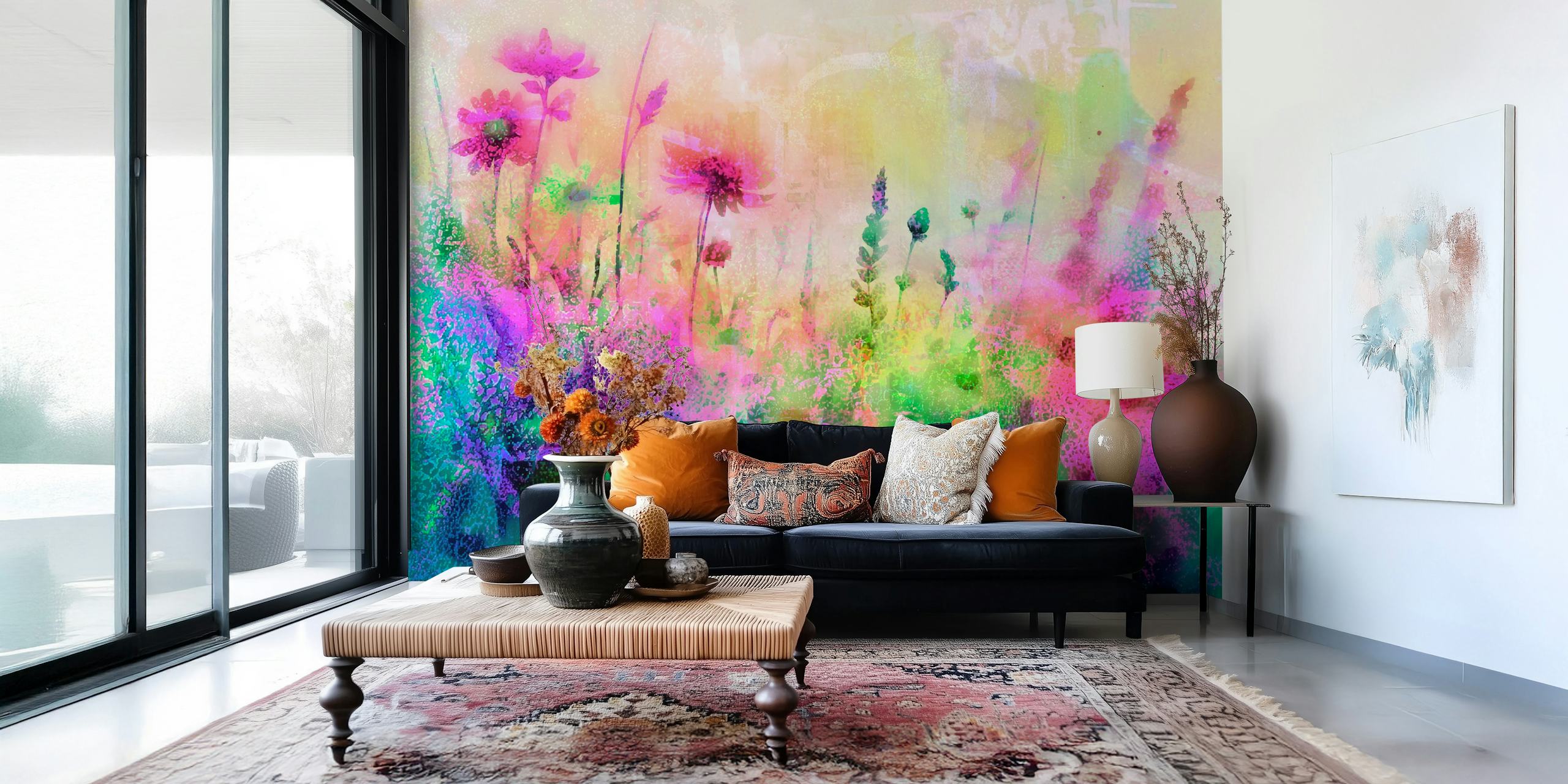 Vibrant floral design with pink and green hues wallpaper