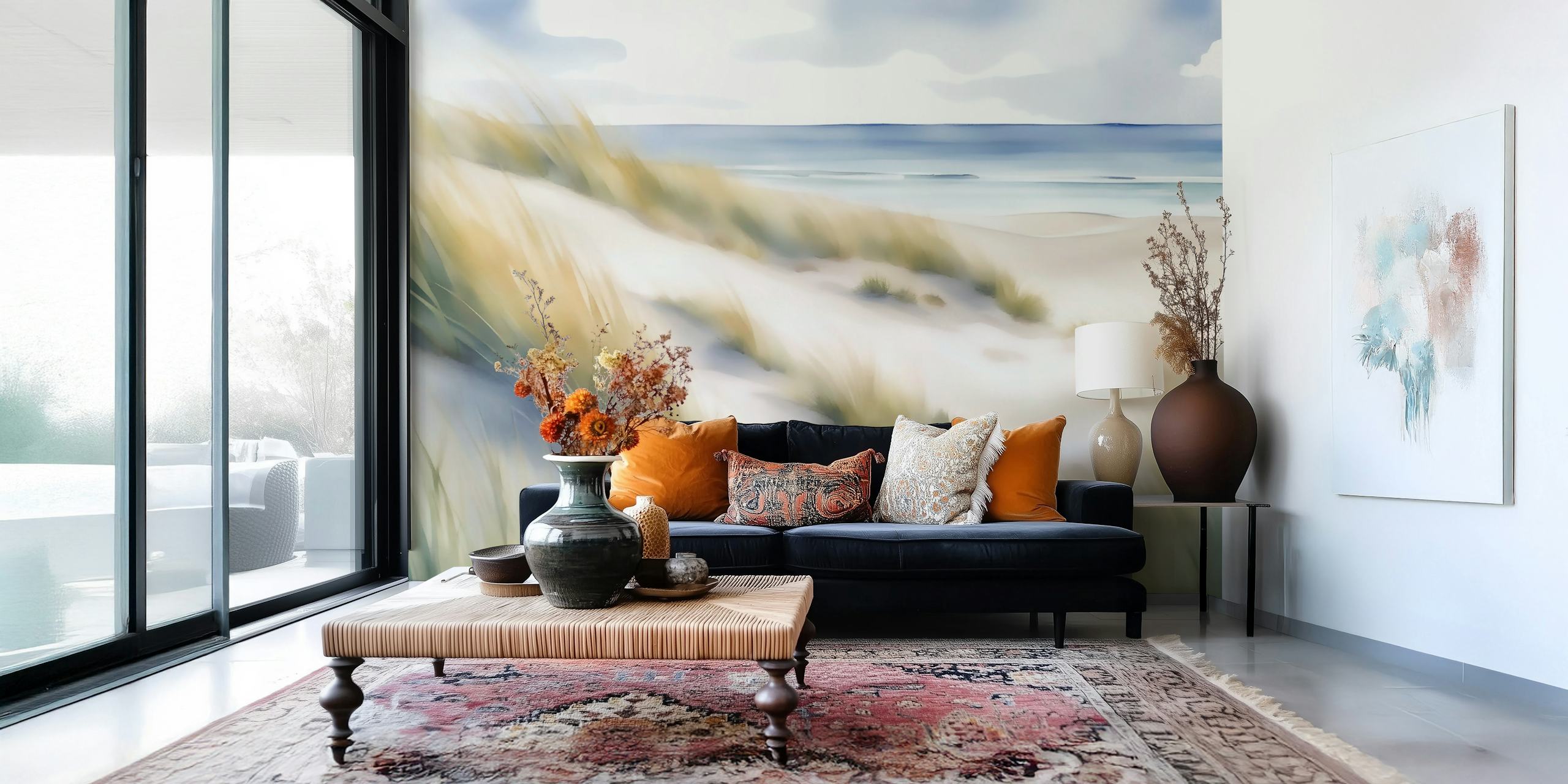 Beach sand dunes with soft grass and ocean waves wallpaper