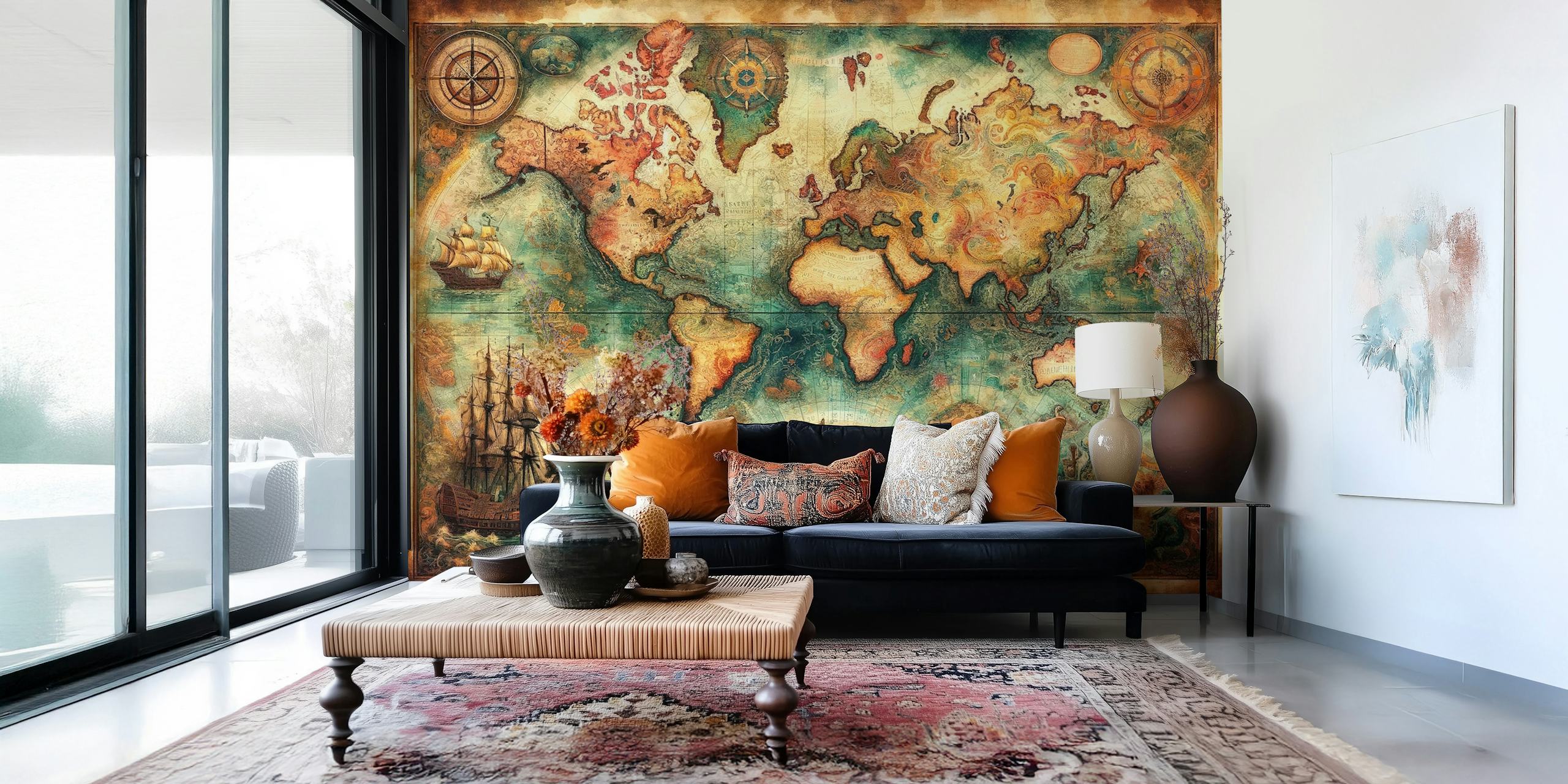 Vintage historical world map with ships and compass designs wallpaper