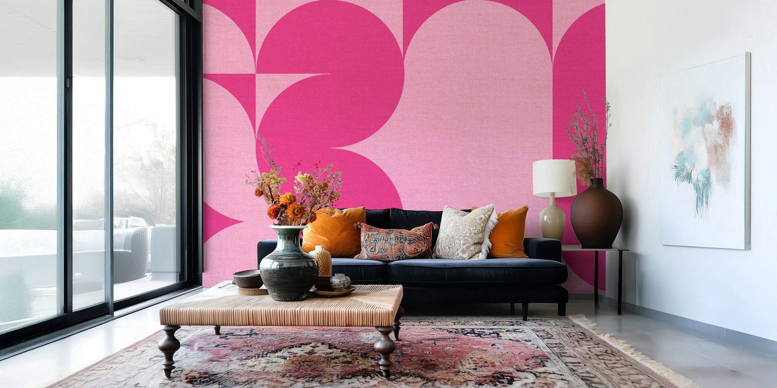 Retro geometric pattern in magenta pink and light pink wallpaper