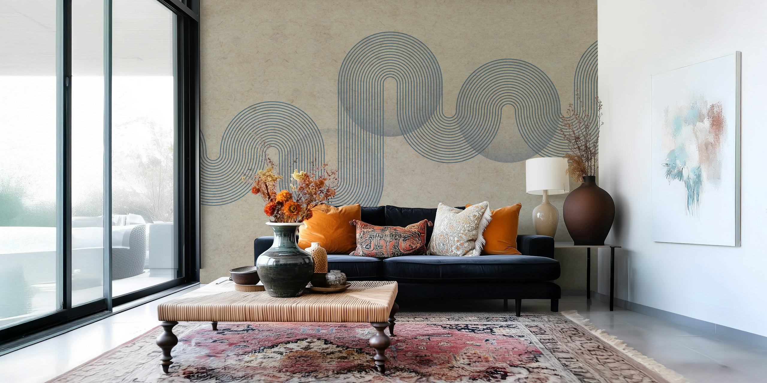 Japan Paper Lines wall mural with graceful, flowing curves in neutral tones