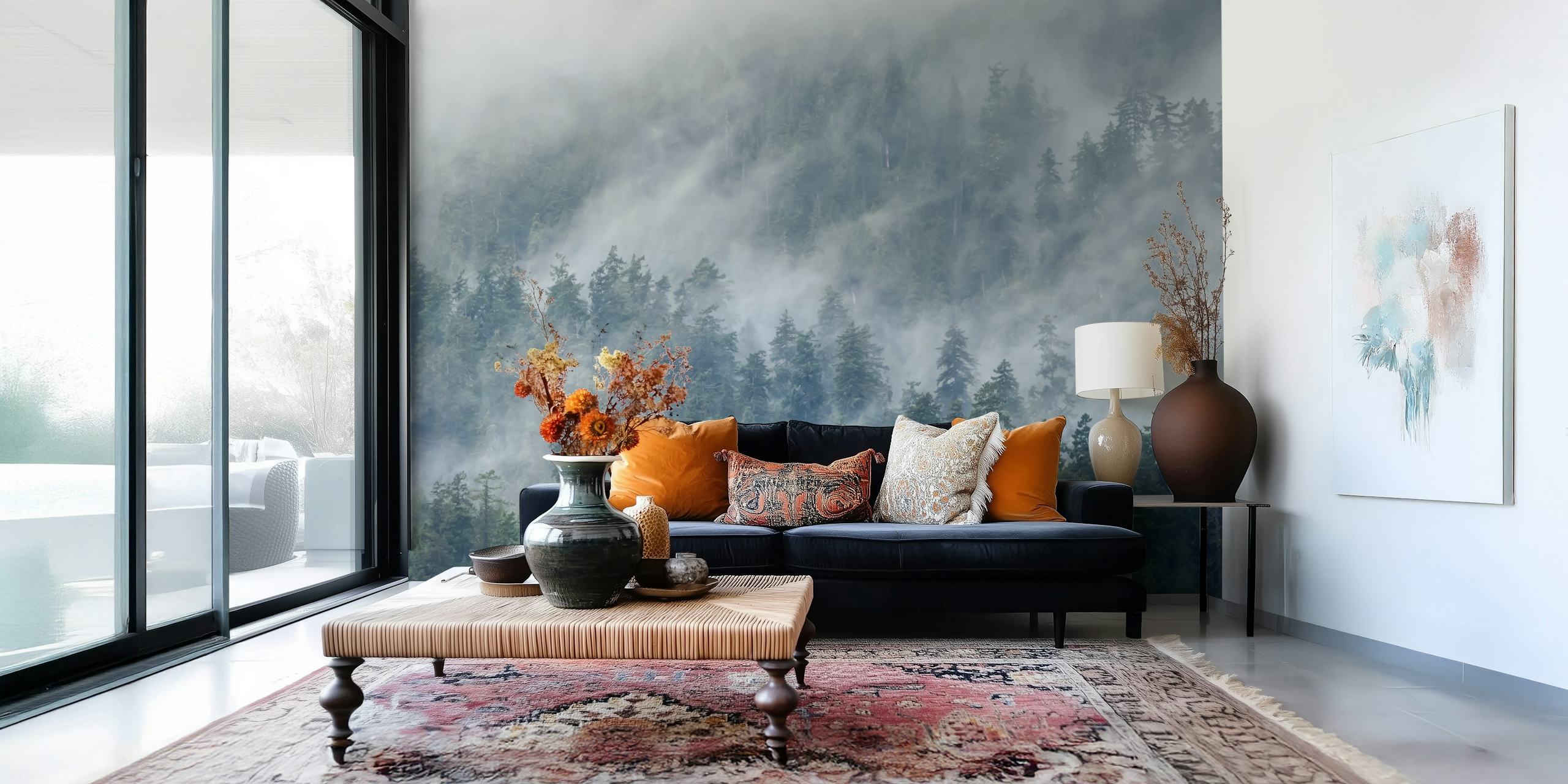 Misty forest with evergreen trees and fog wallpaper