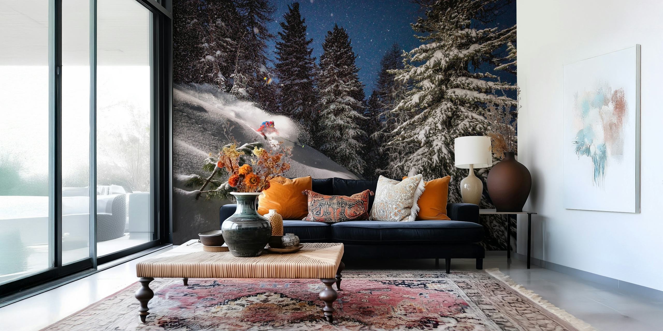 Skier in moonlit snow wall mural