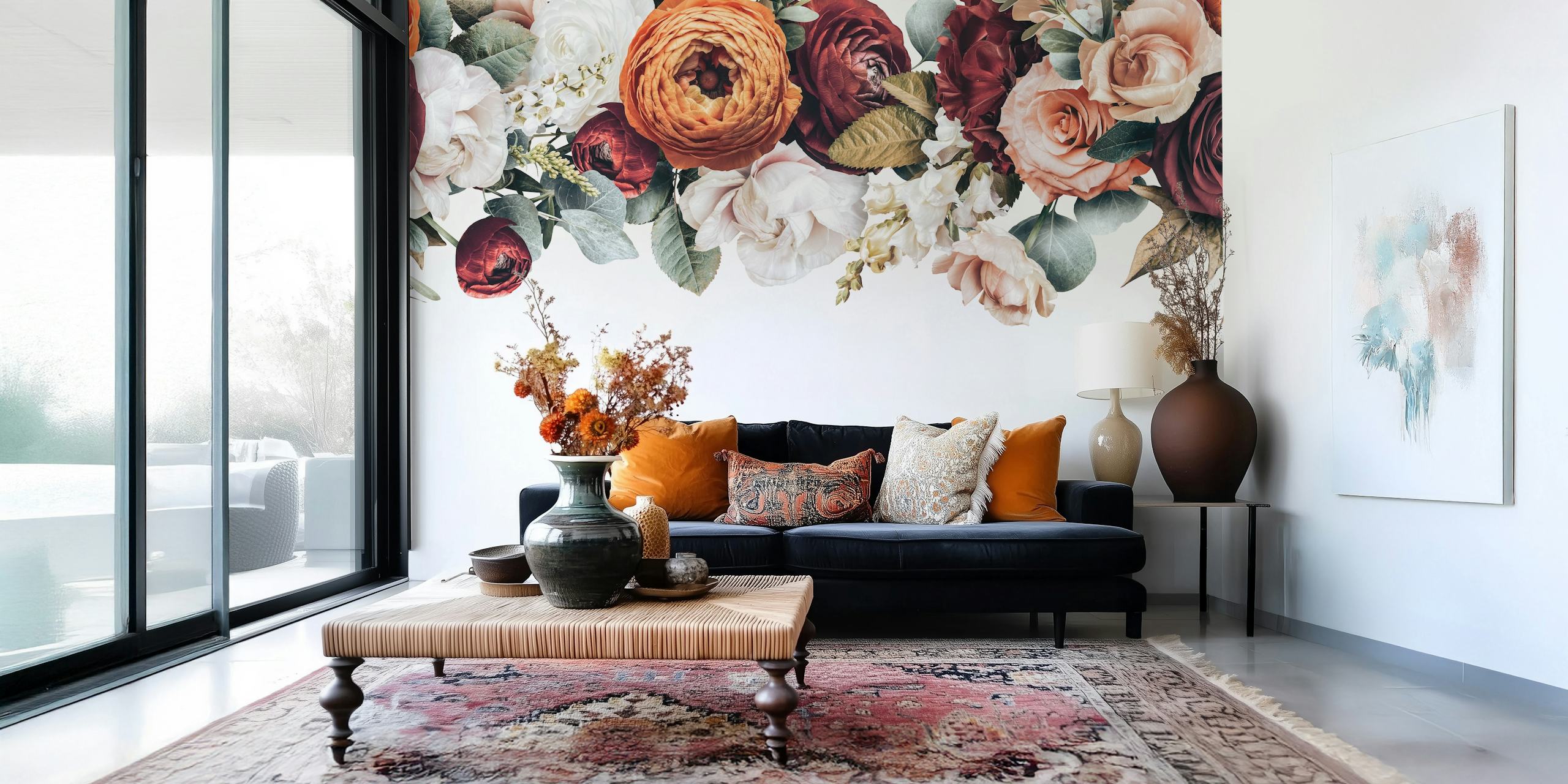 Floral border design featuring ranunculus in warm colors wallpaper