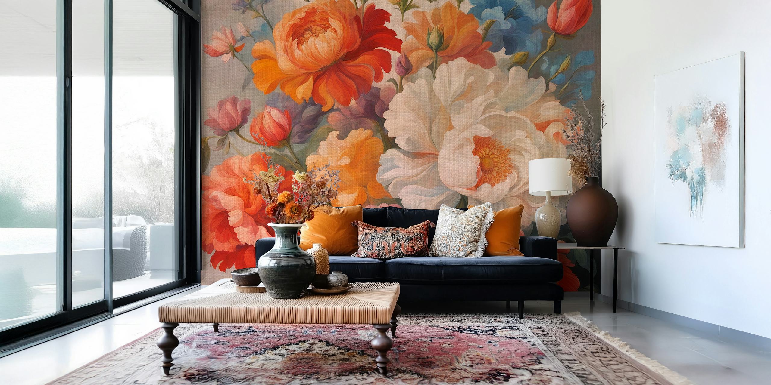 Moody baroque flower bouquet tapet i ett rum