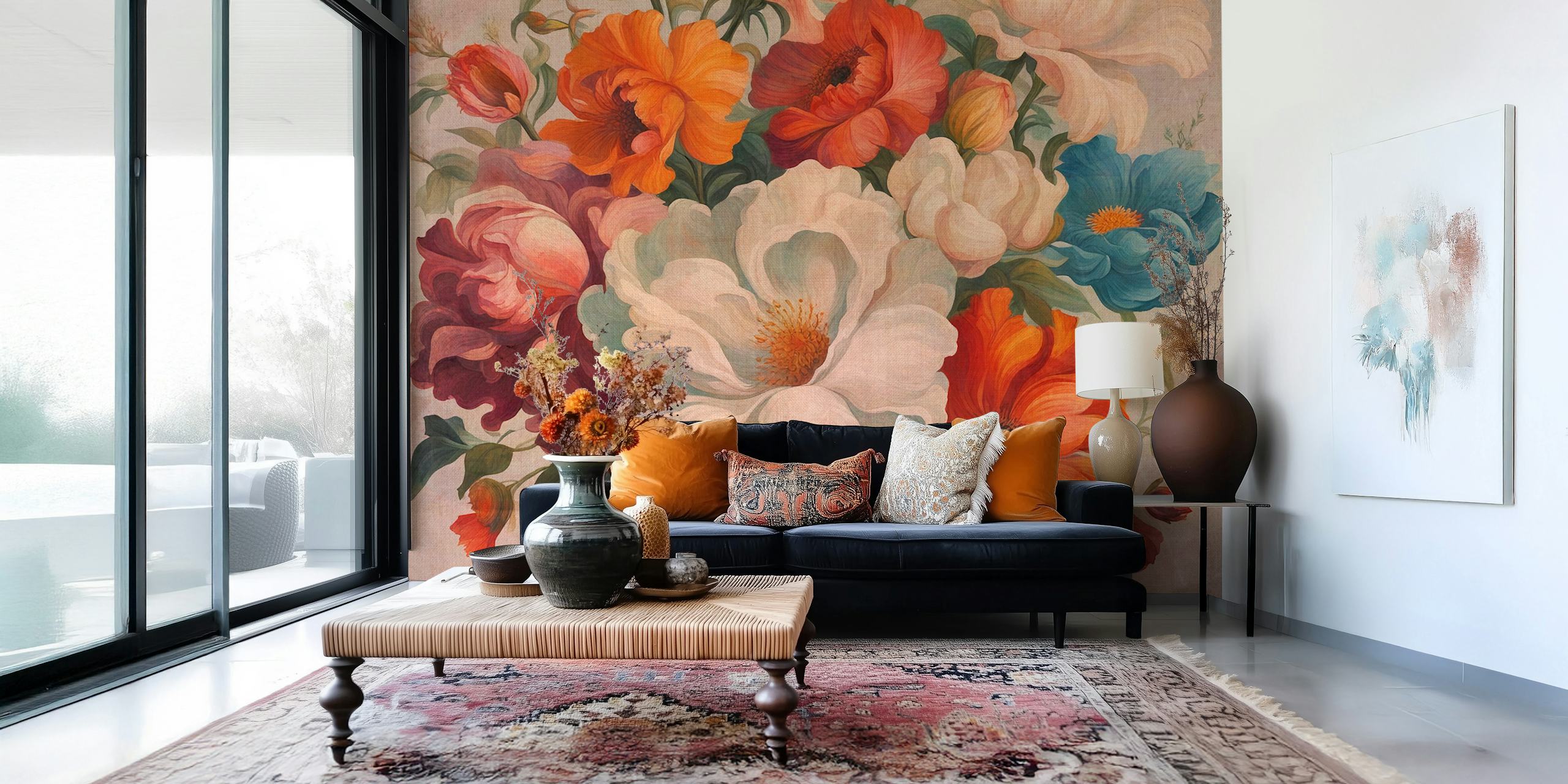 Moody Warm Baroque Flowers tapetti huoneessa