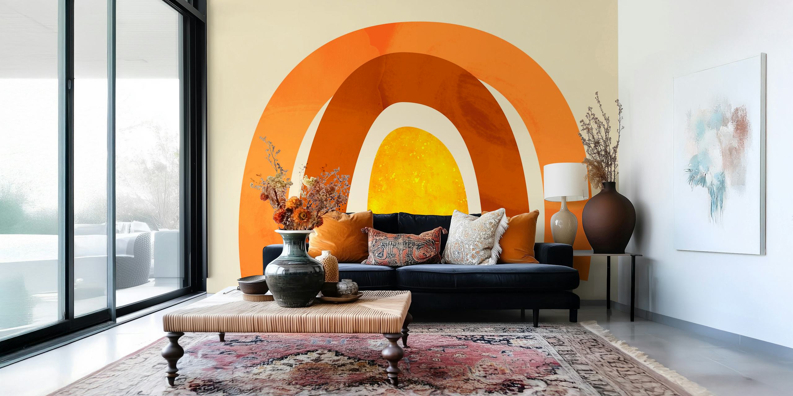 Retro-style rainbow wall mural with warm orange and yellow hues.