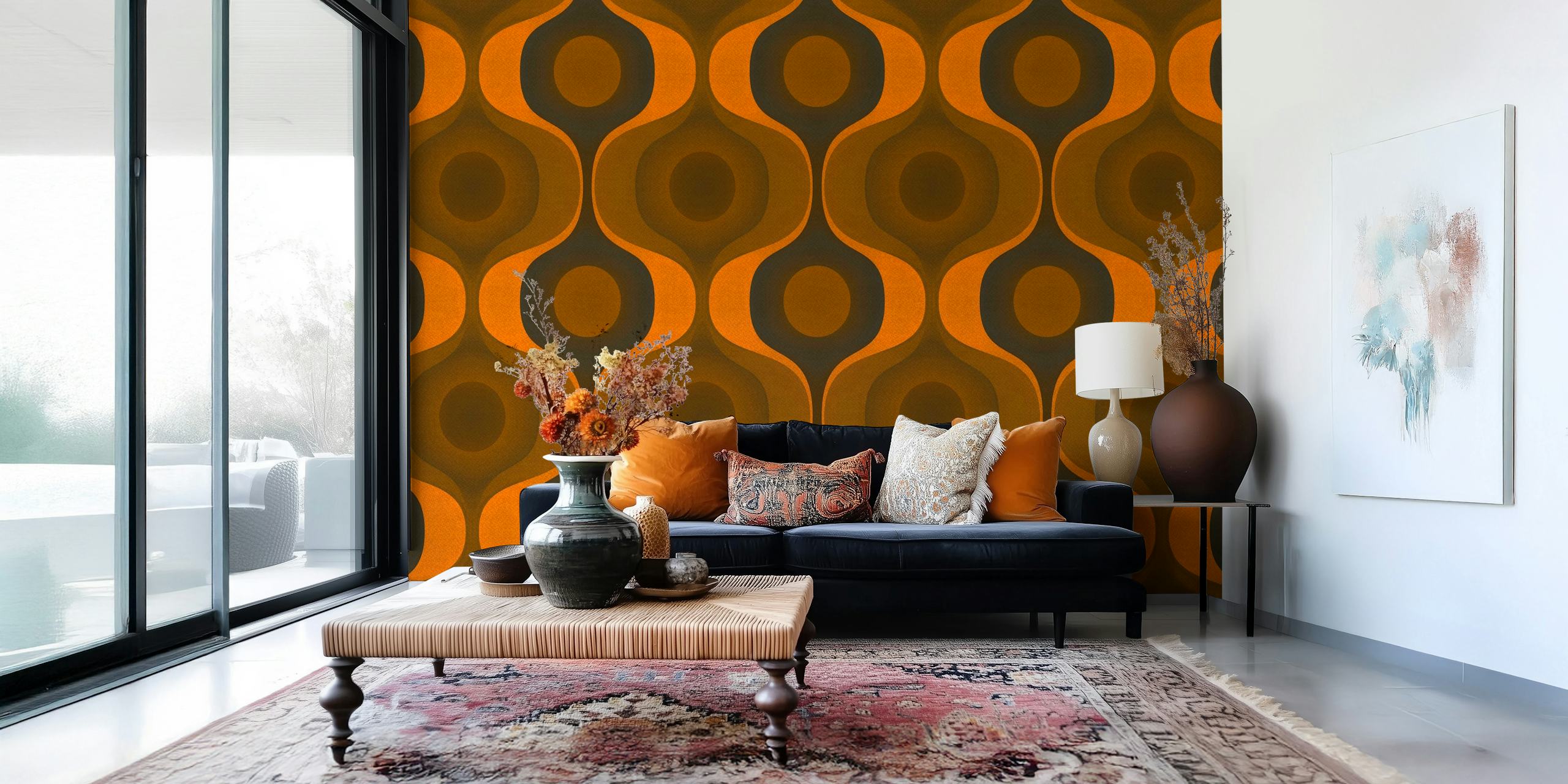 Moody Orange 70s Groovy Geometry wallpaper in a room