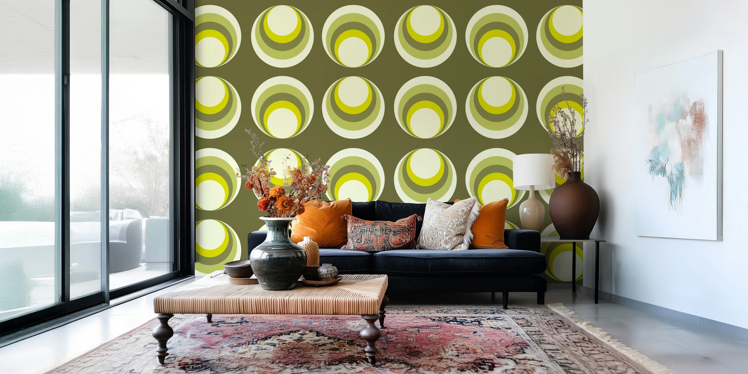 Green and yellow geometric circular pattern wallpaper