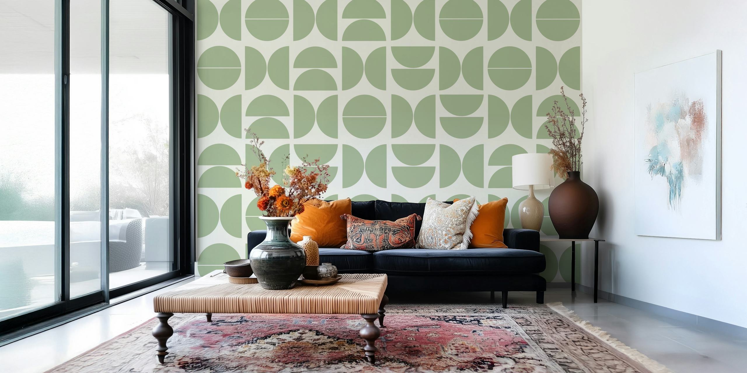 Geometric pattern in green and white wallpaper