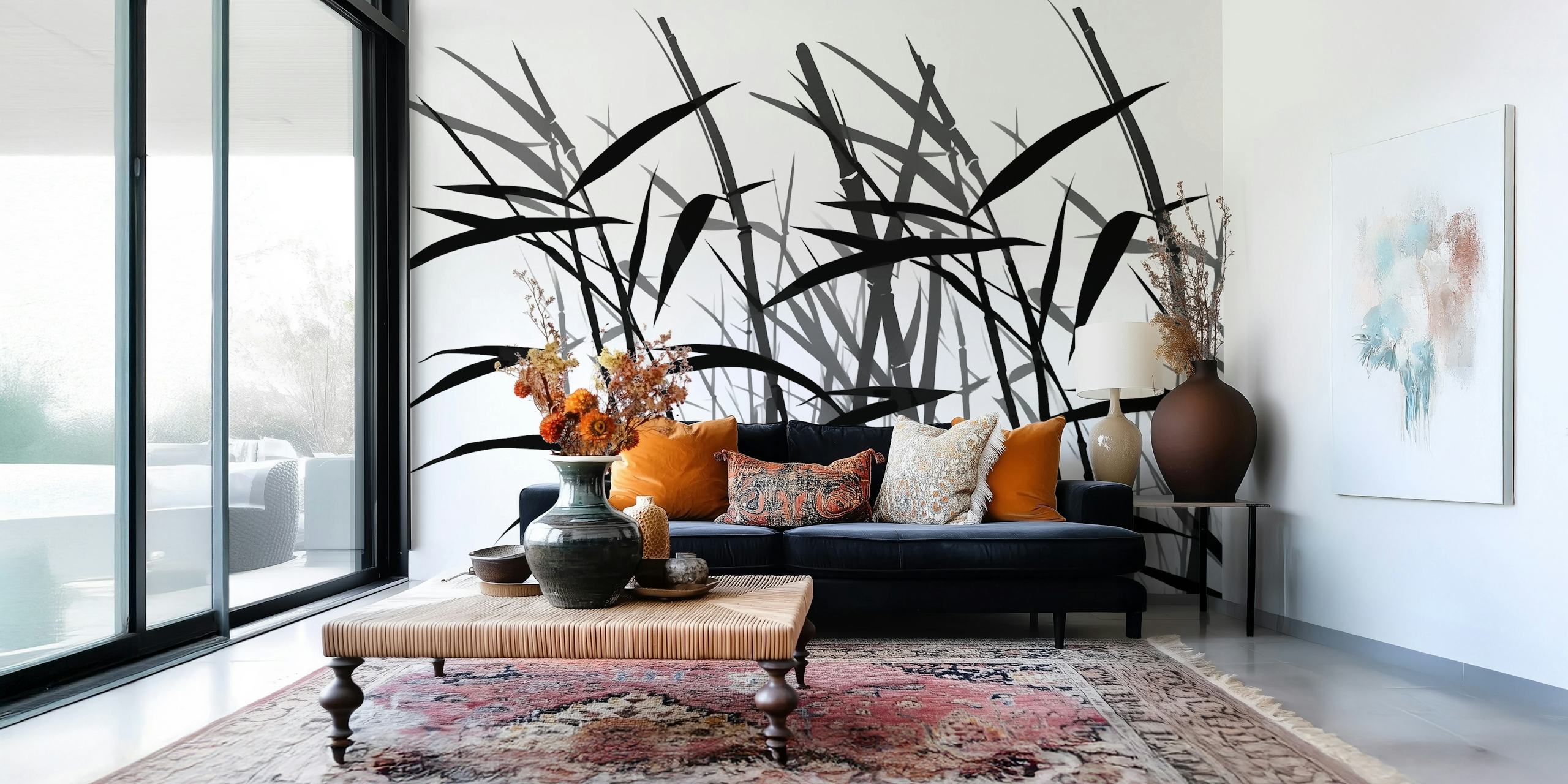 Black bamboo grass silhouette on white background wallpaper