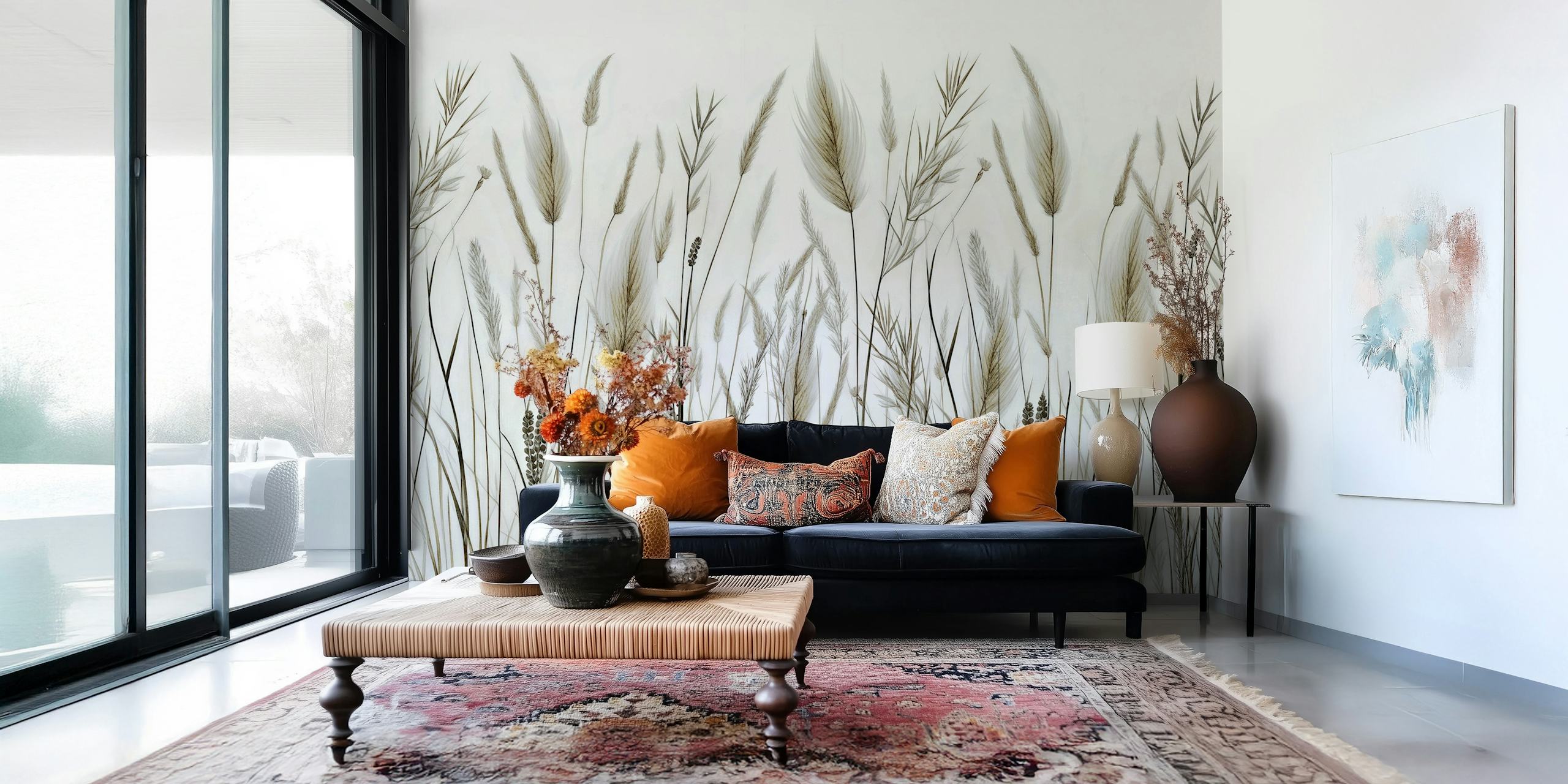 Delicate grass and botanical pattern in neutral tones wallpaper