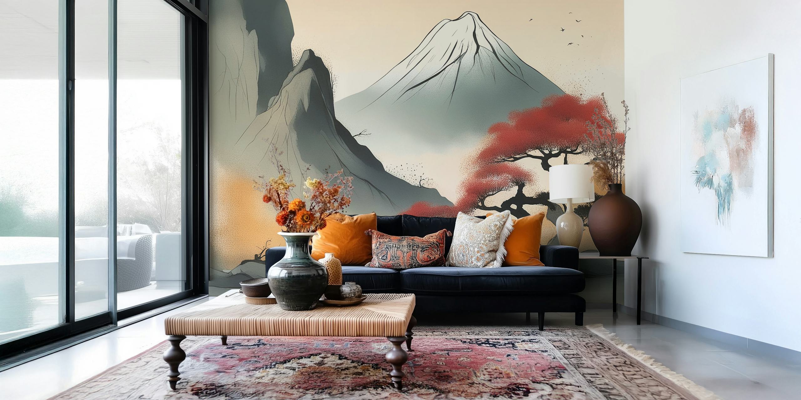 Peaceful Japandi Zen Art tapetti huoneessa