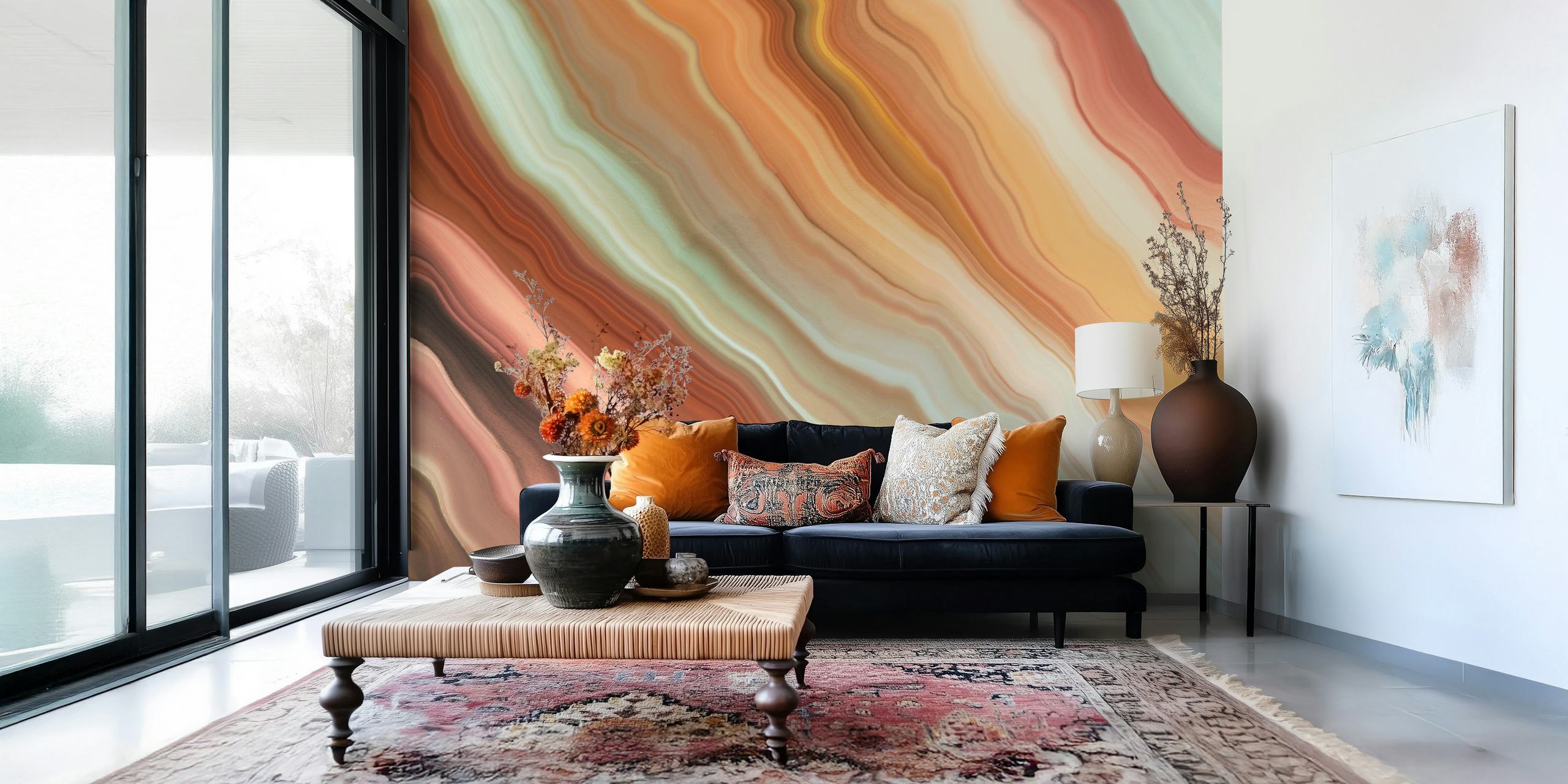 Modern marble watercolor design in peach, brown, and teal tones wallpaper