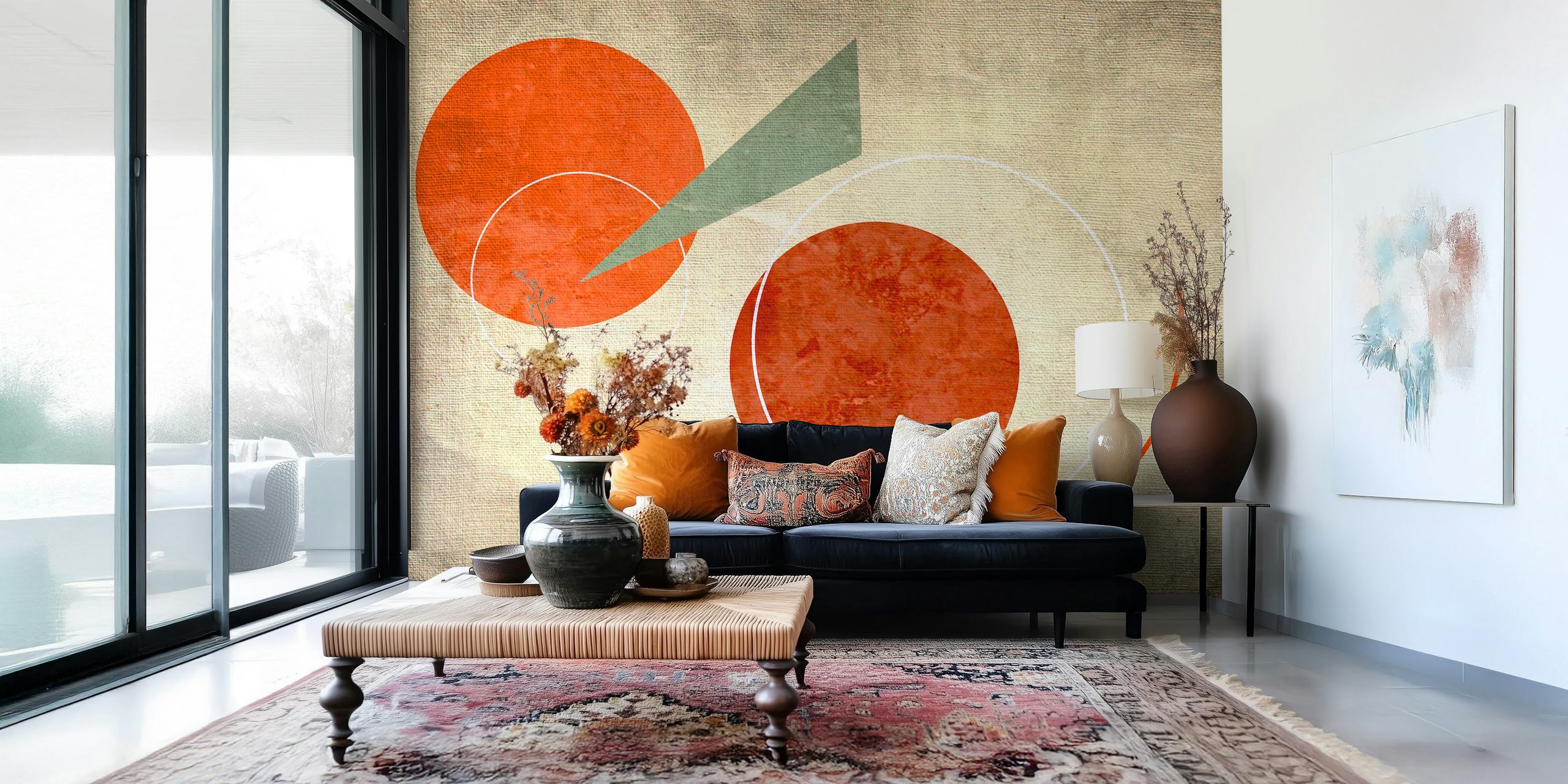 Mid-century geometric design featuring orange circles and green triangle wallpaper
