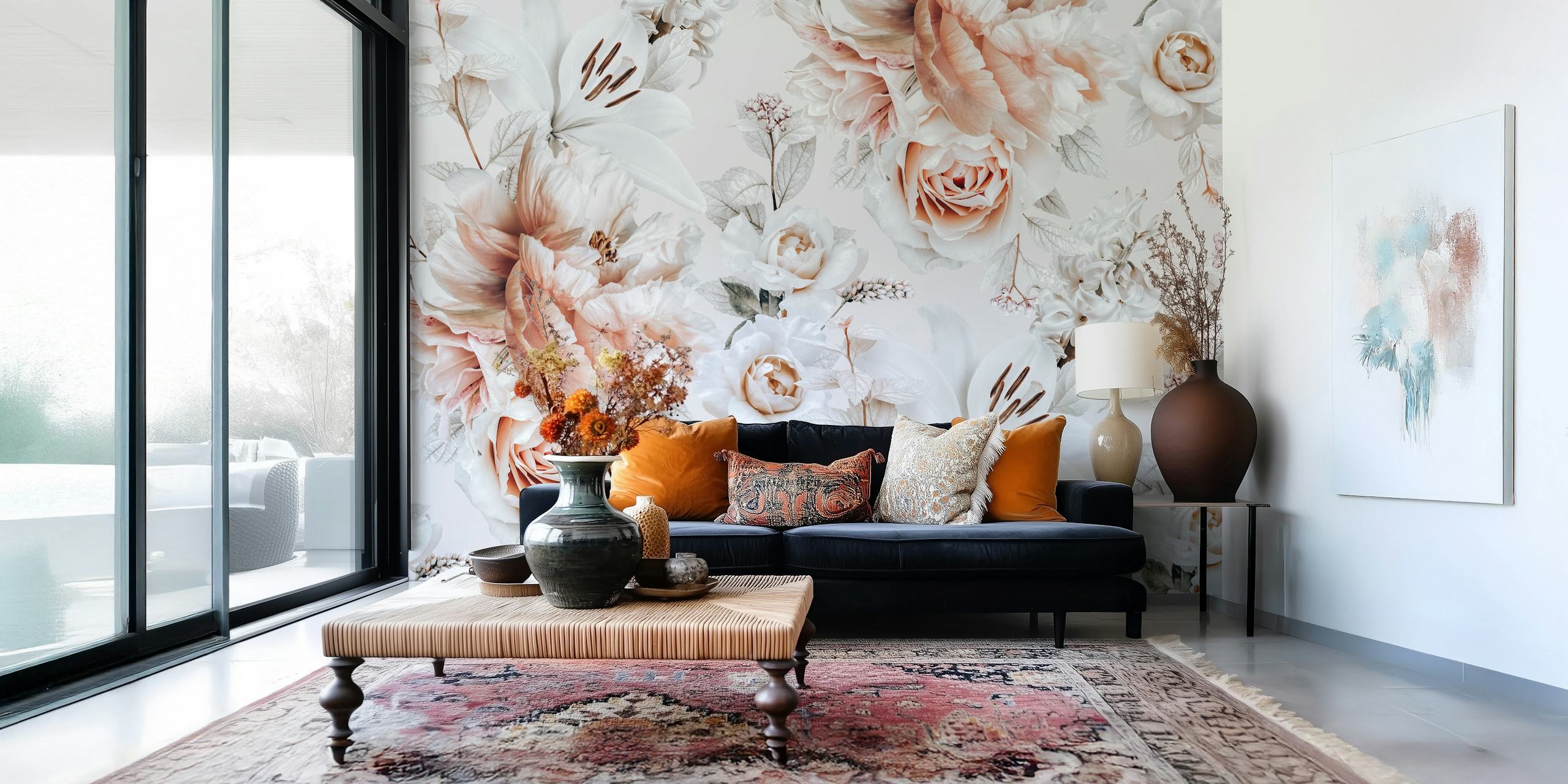 Pink floral wallpaper with roses and lilies in soft tones