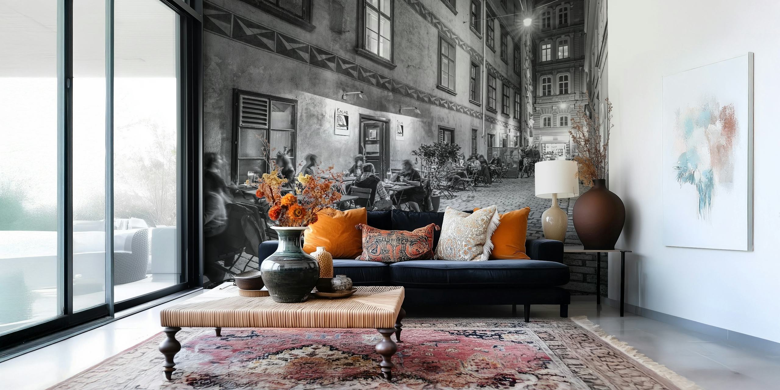 Black and white street cafe scene with tables and patrons wallpaper