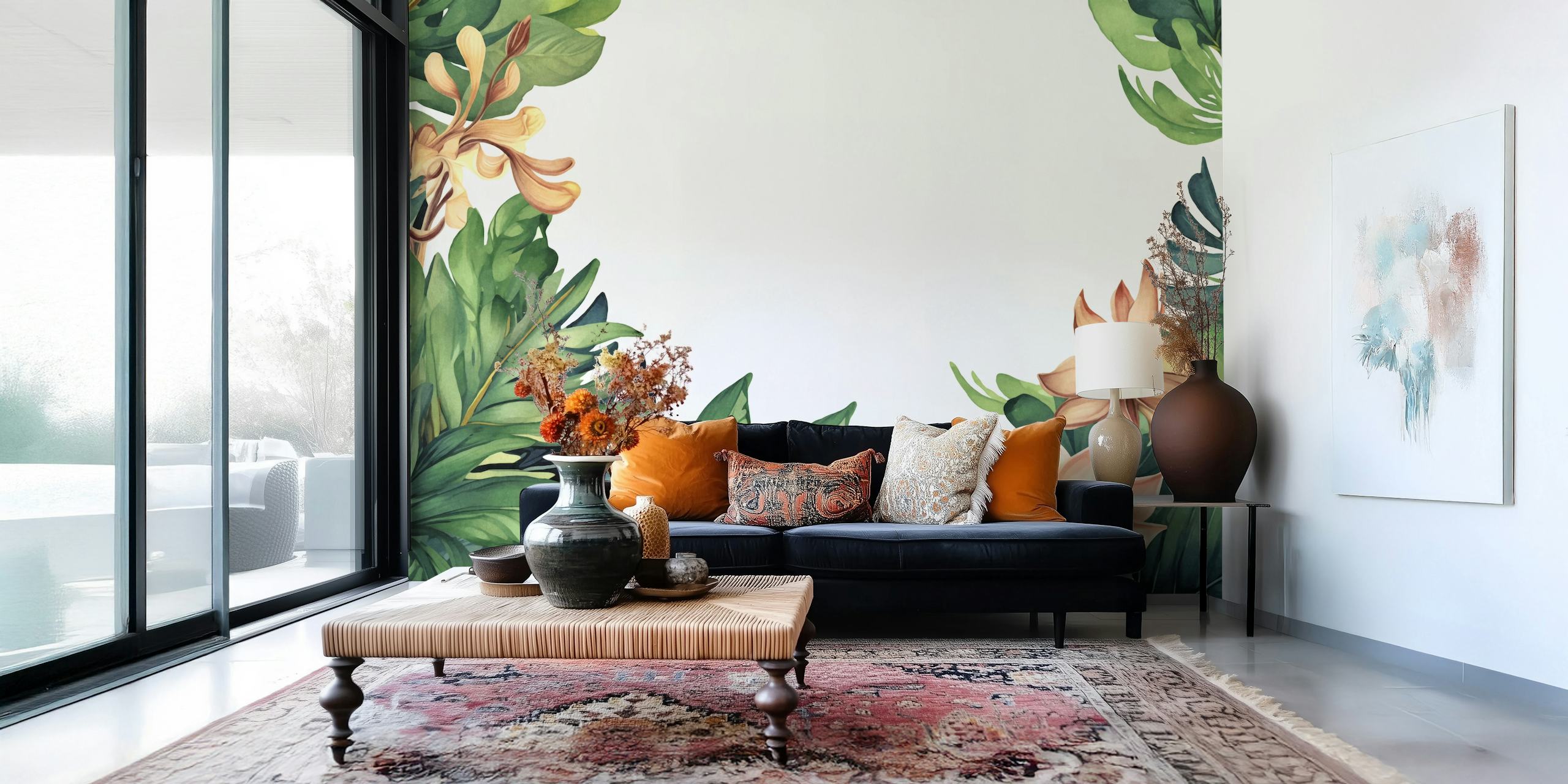 Mural de pared Oasis tropical con flores de acuarela y exuberante vegetación