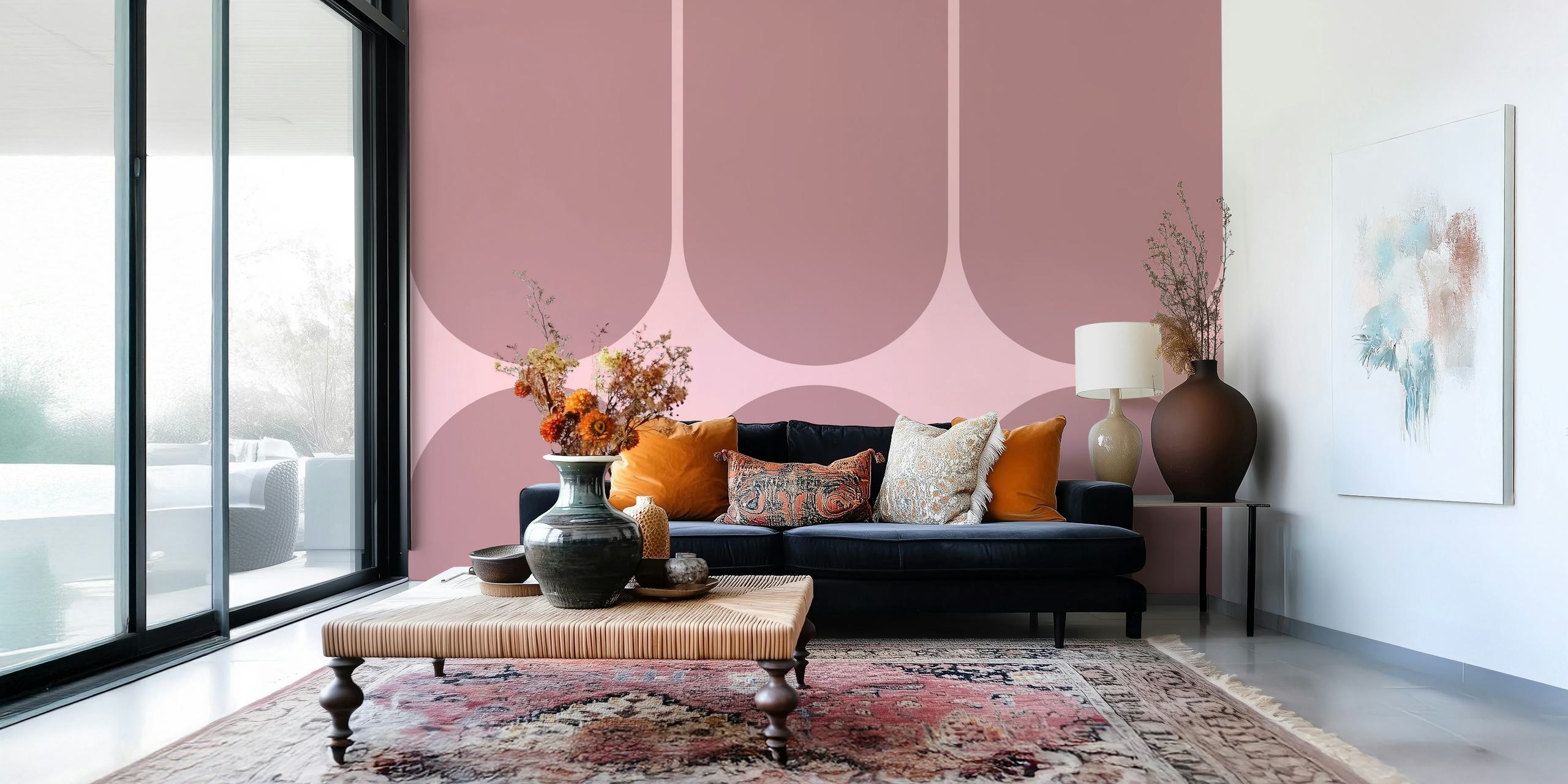 Boho Mid-Century geometrische vormen muurschildering in pastelkleuren