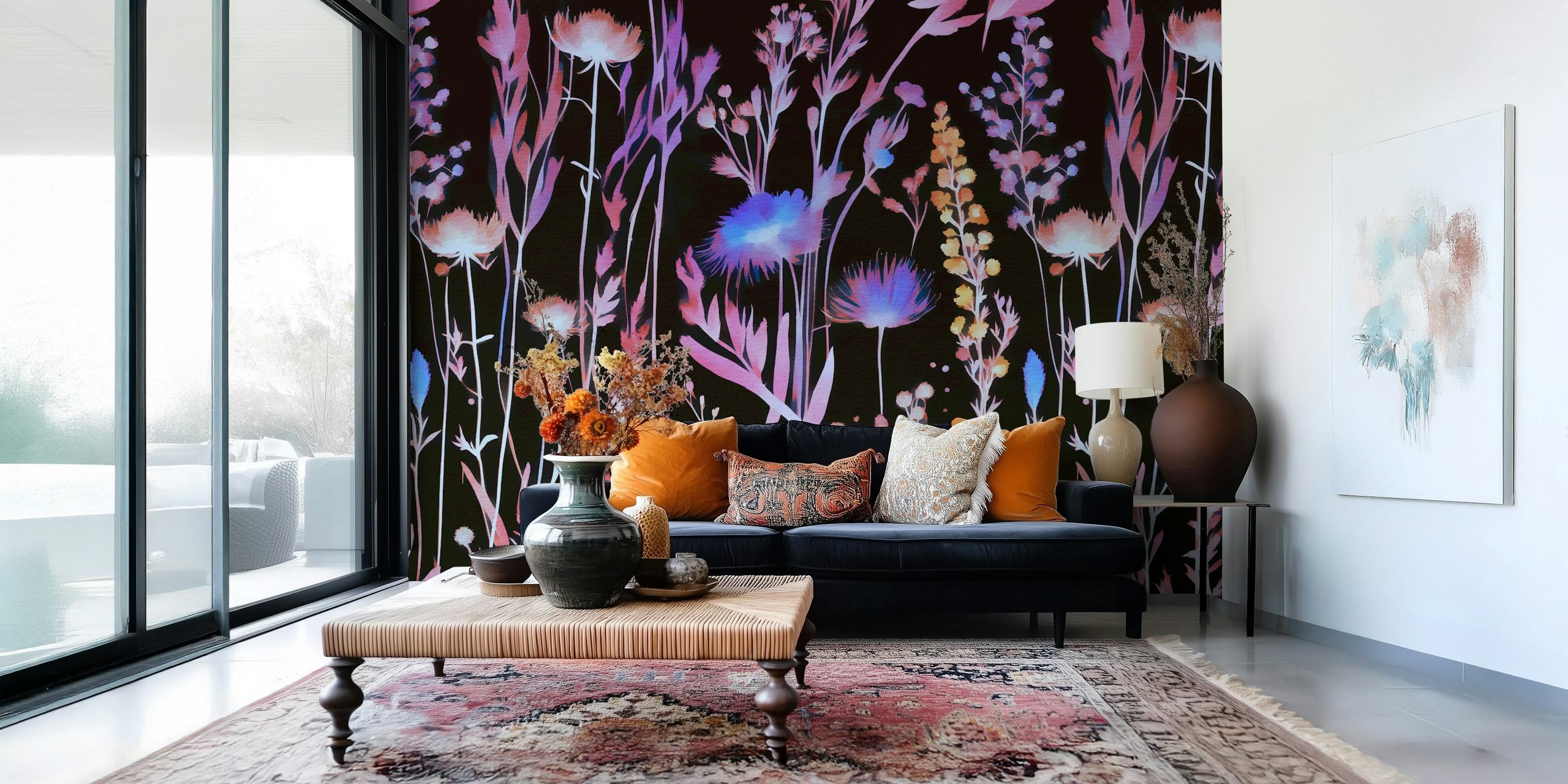 Vivid moody wildflowers wallpaper in a room