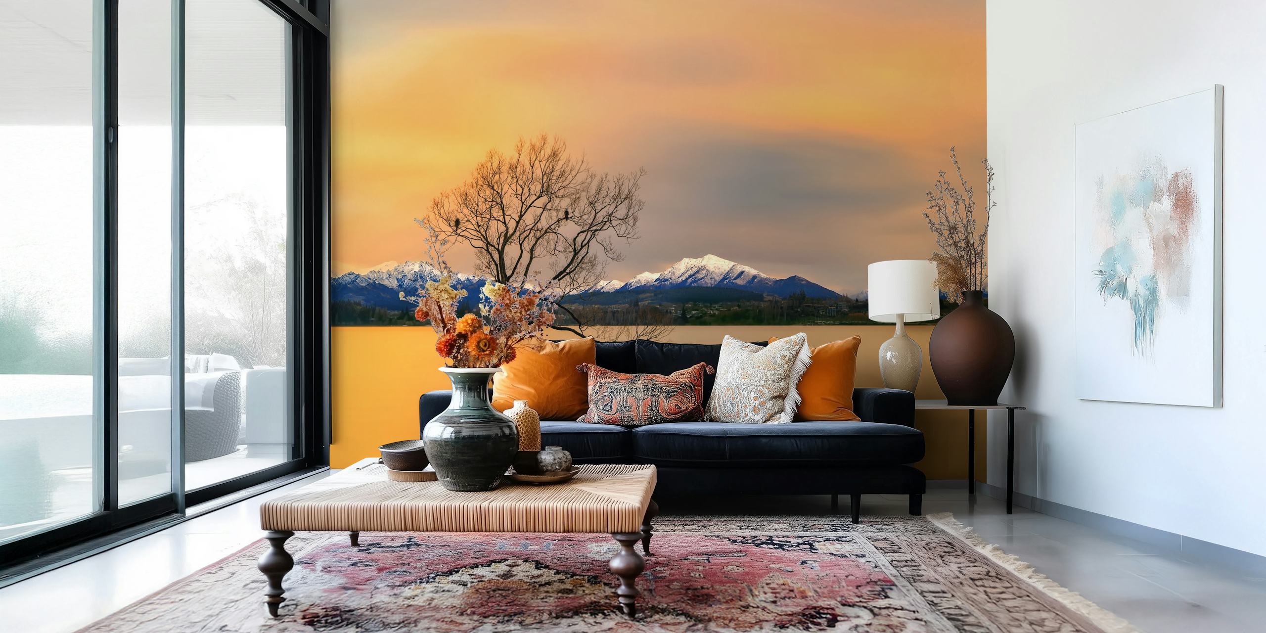Lake Wanaka sunset with mountains and tree silhouette wallpaper