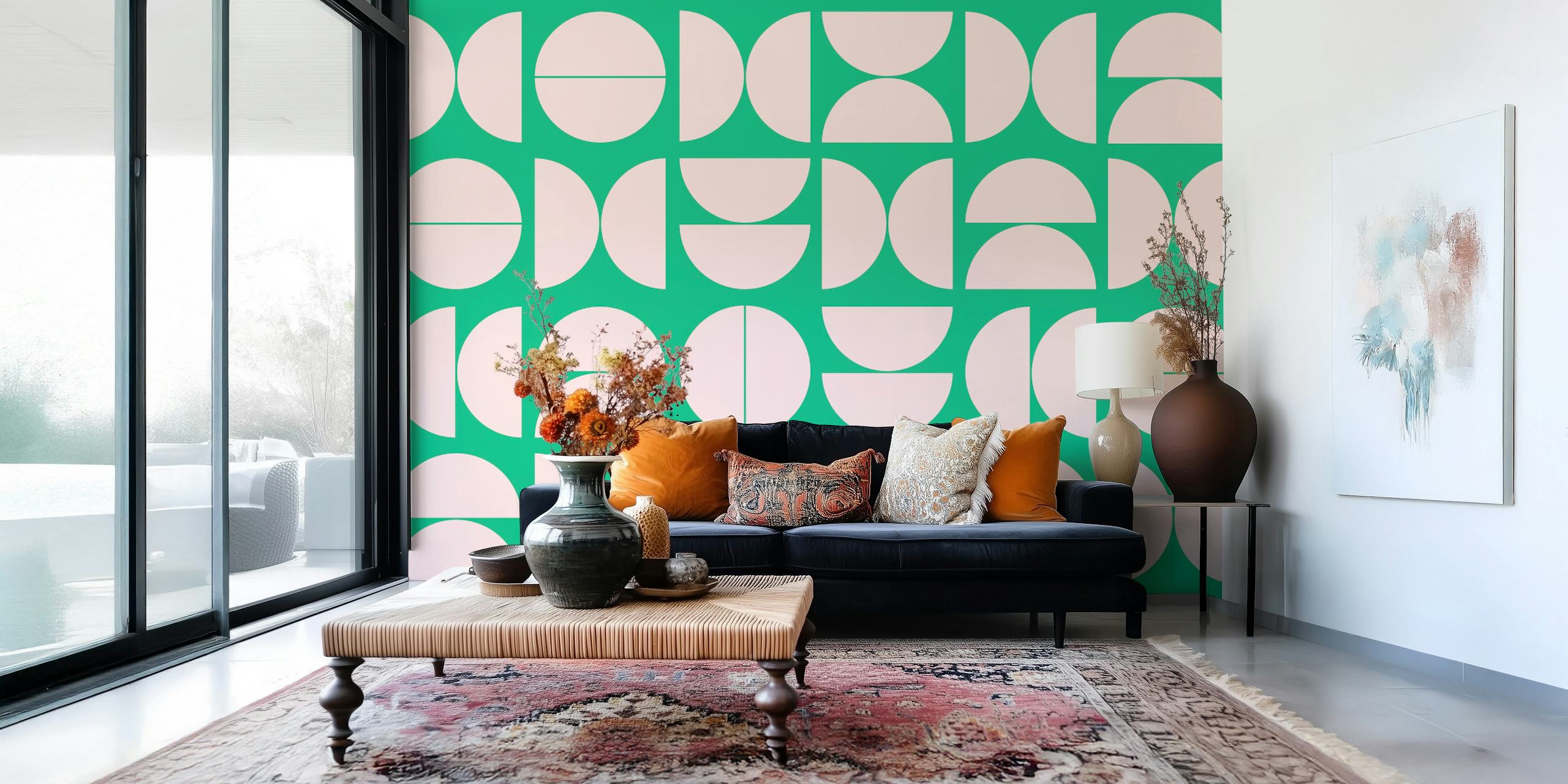 Papel de parede Mid-century modern em verde e pink
