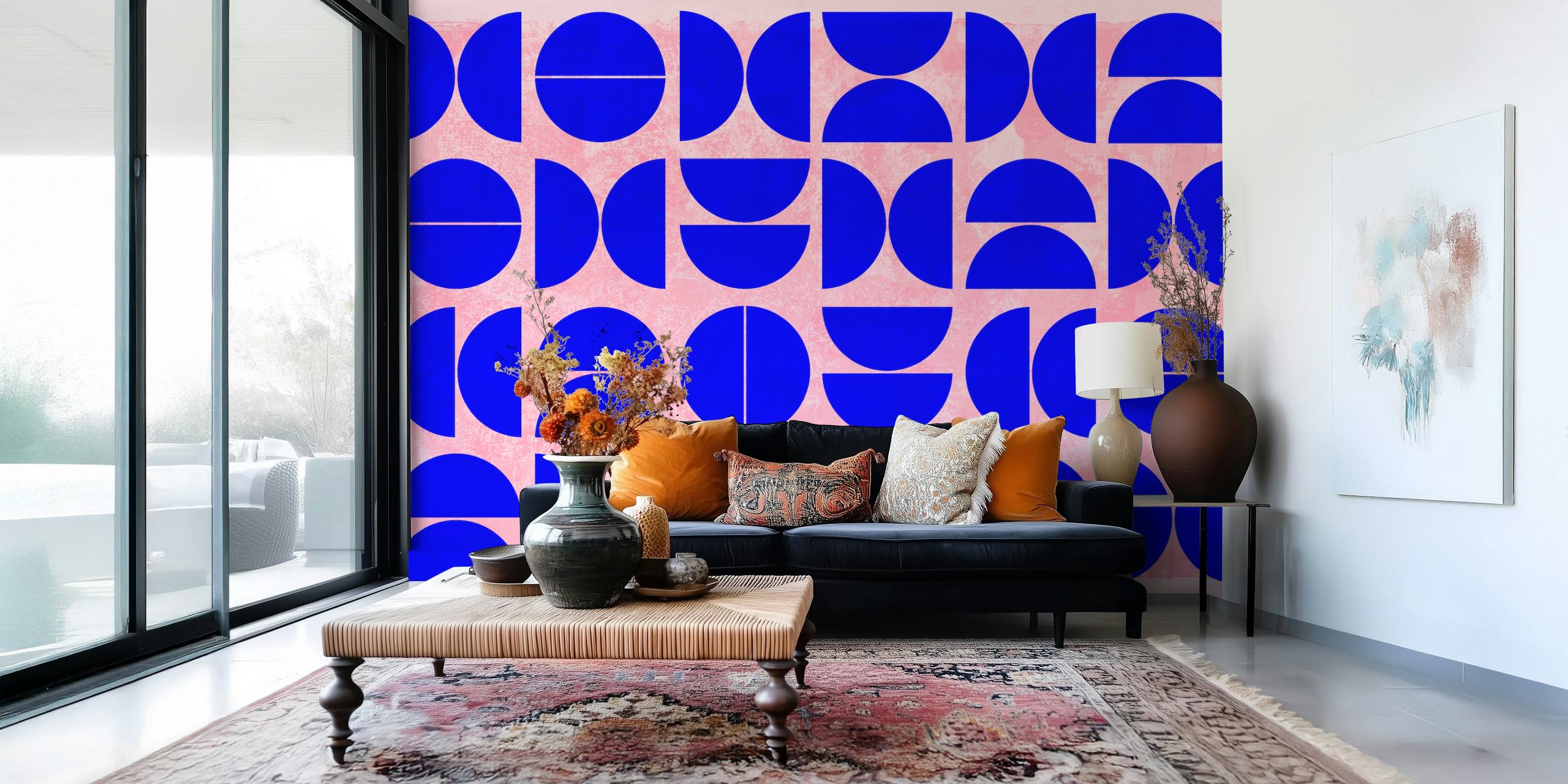 Abstract blauwe geometrische vormen op een neutraal fotobehang voor een modern interieur