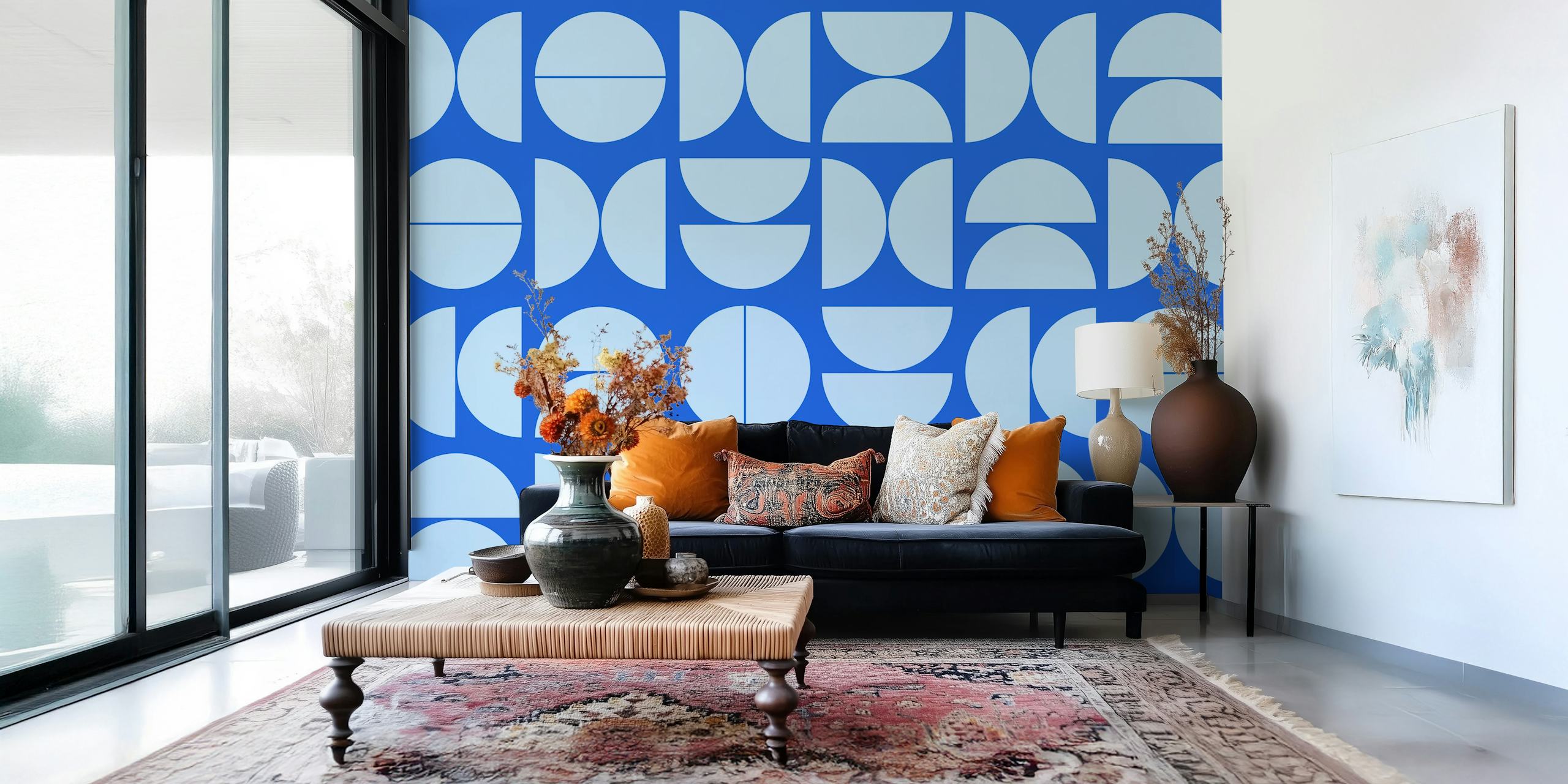 Modern blue geometric wallpaper in a room