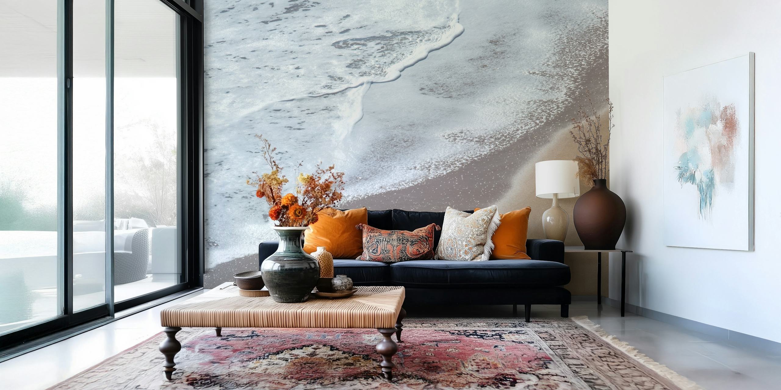 Beach waves meeting sandy shore, natural colors wallpaper