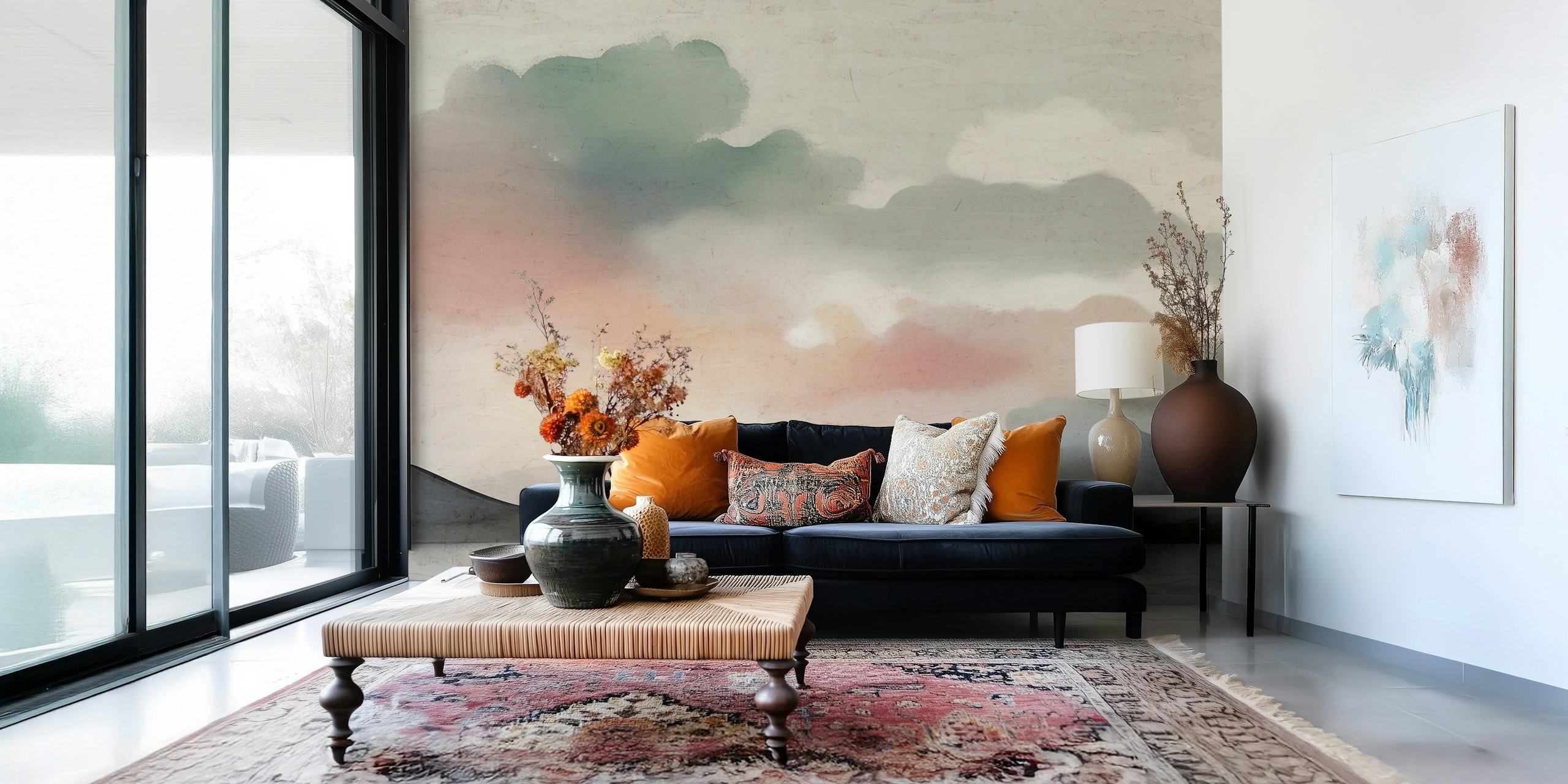 Watercolor Morning Clouds wall mural with soft grays, pinks, and oranges over rolling hills and calm waters.