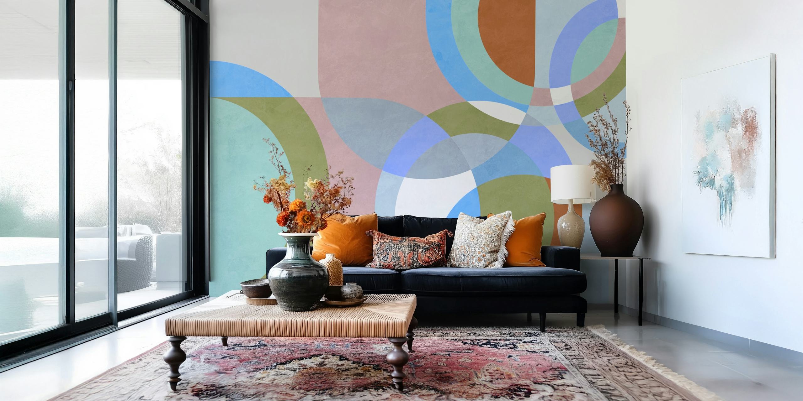 Abstract geometric wallpaper in soft pastel colors including blue, green, and pink.