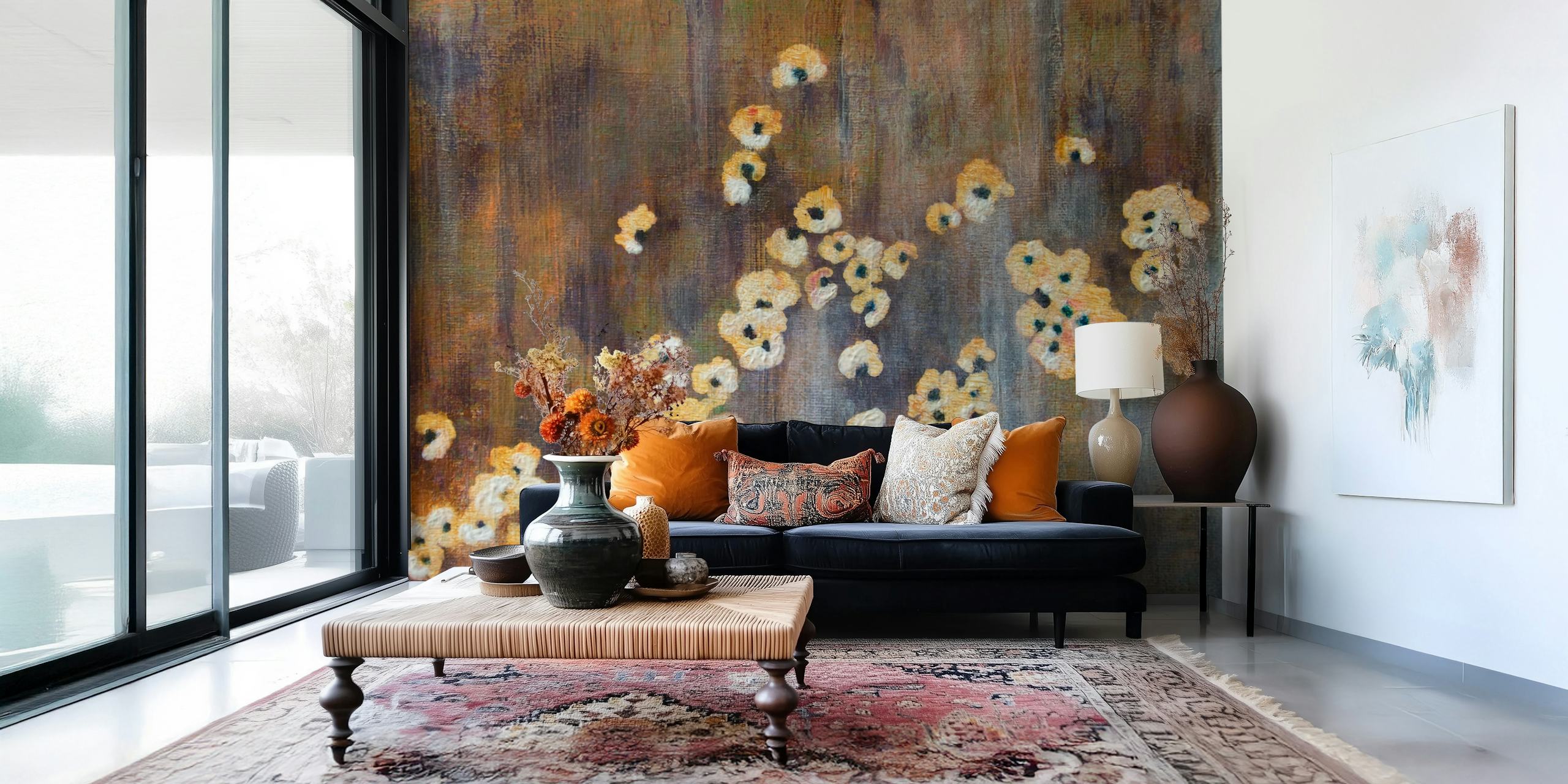 Wild flowers in cream, yellow and brown tones wallpaper