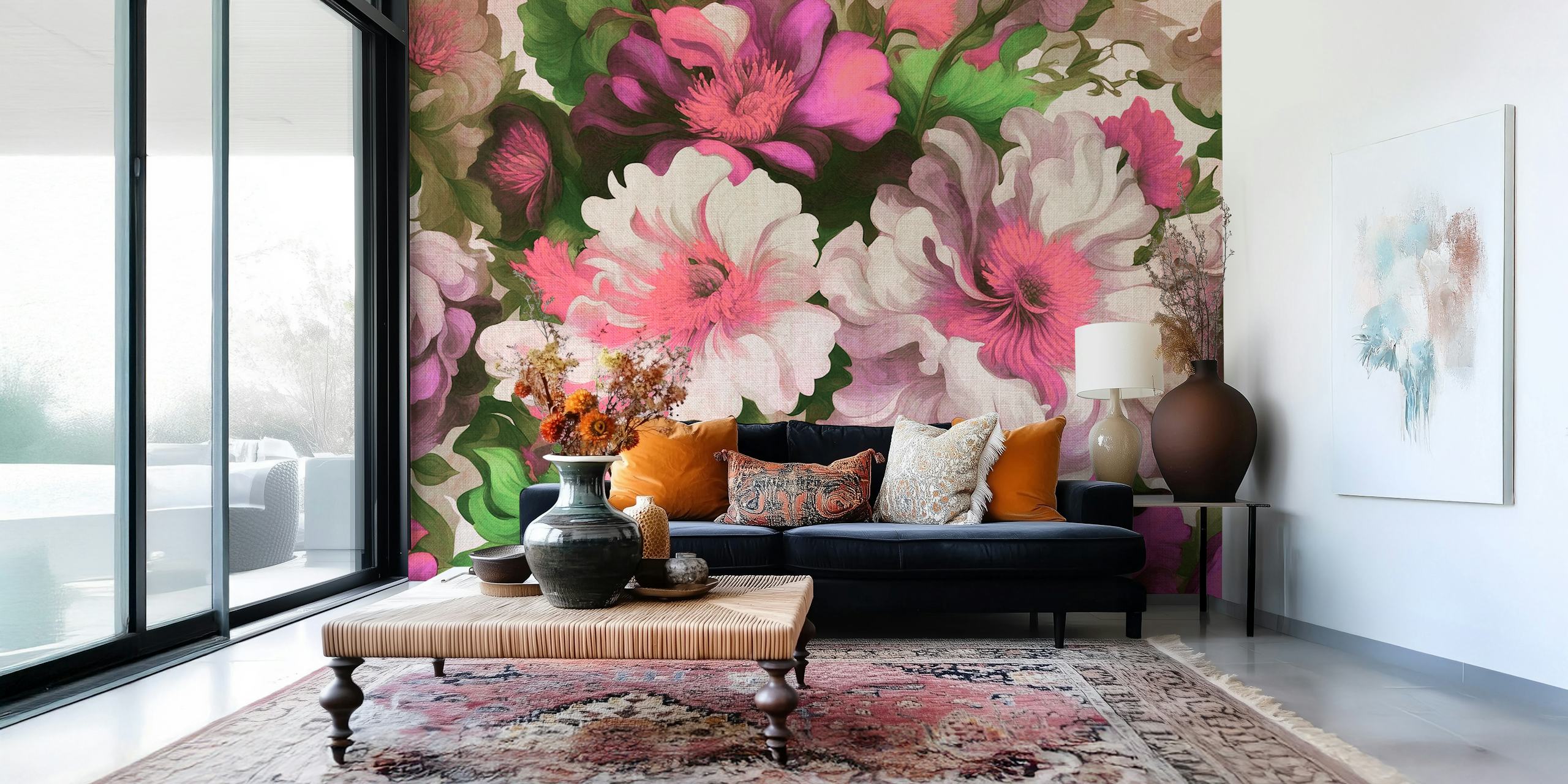 Εξαιρετικός ροζ και λευκός μπαρόκ floral τοιχογραφία
