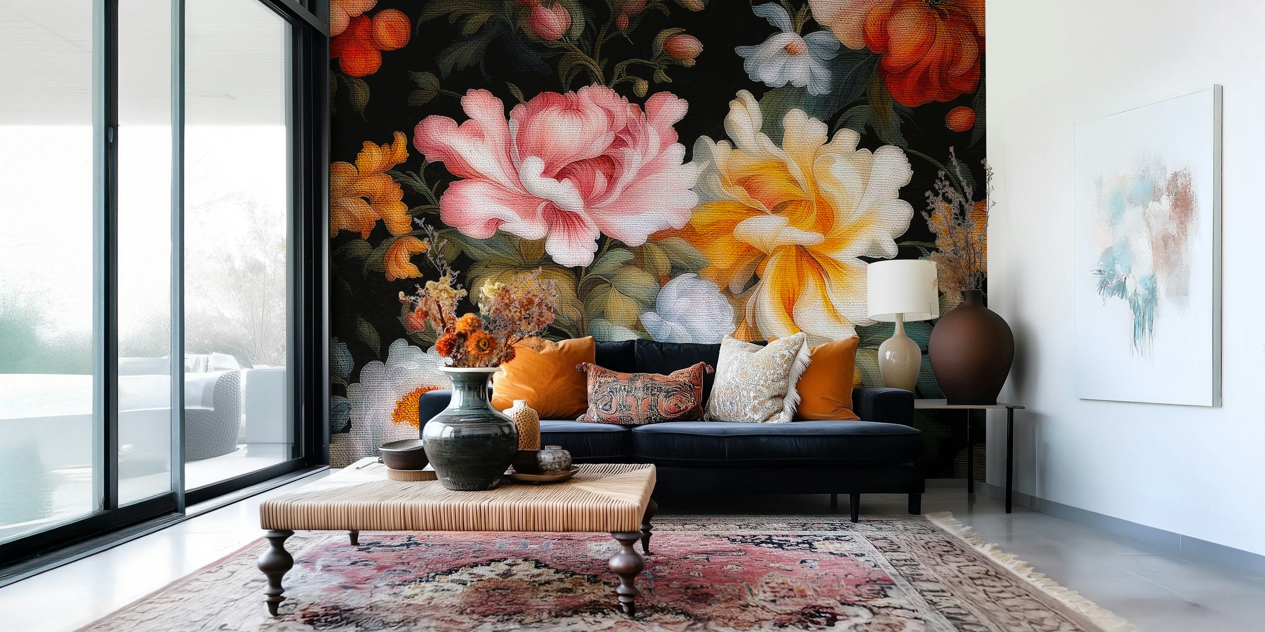 Classical antique flowers wall mural with blooming roses and peonies in rich colors