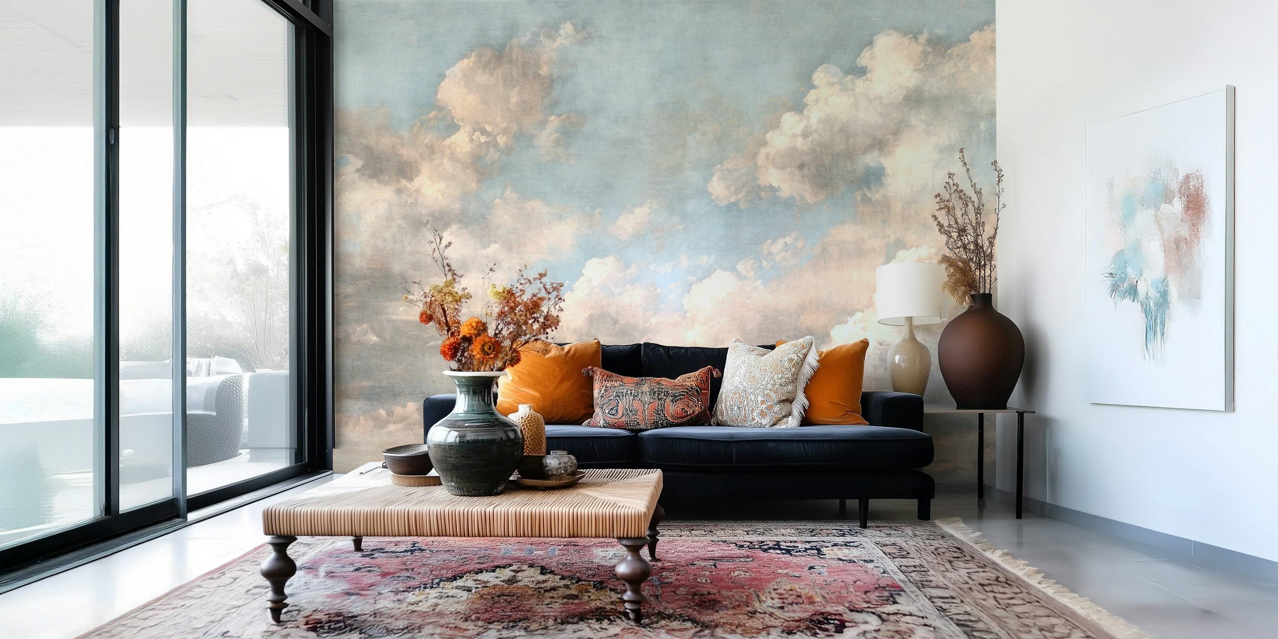 Pastel blue sky with fluffy clouds wall mural