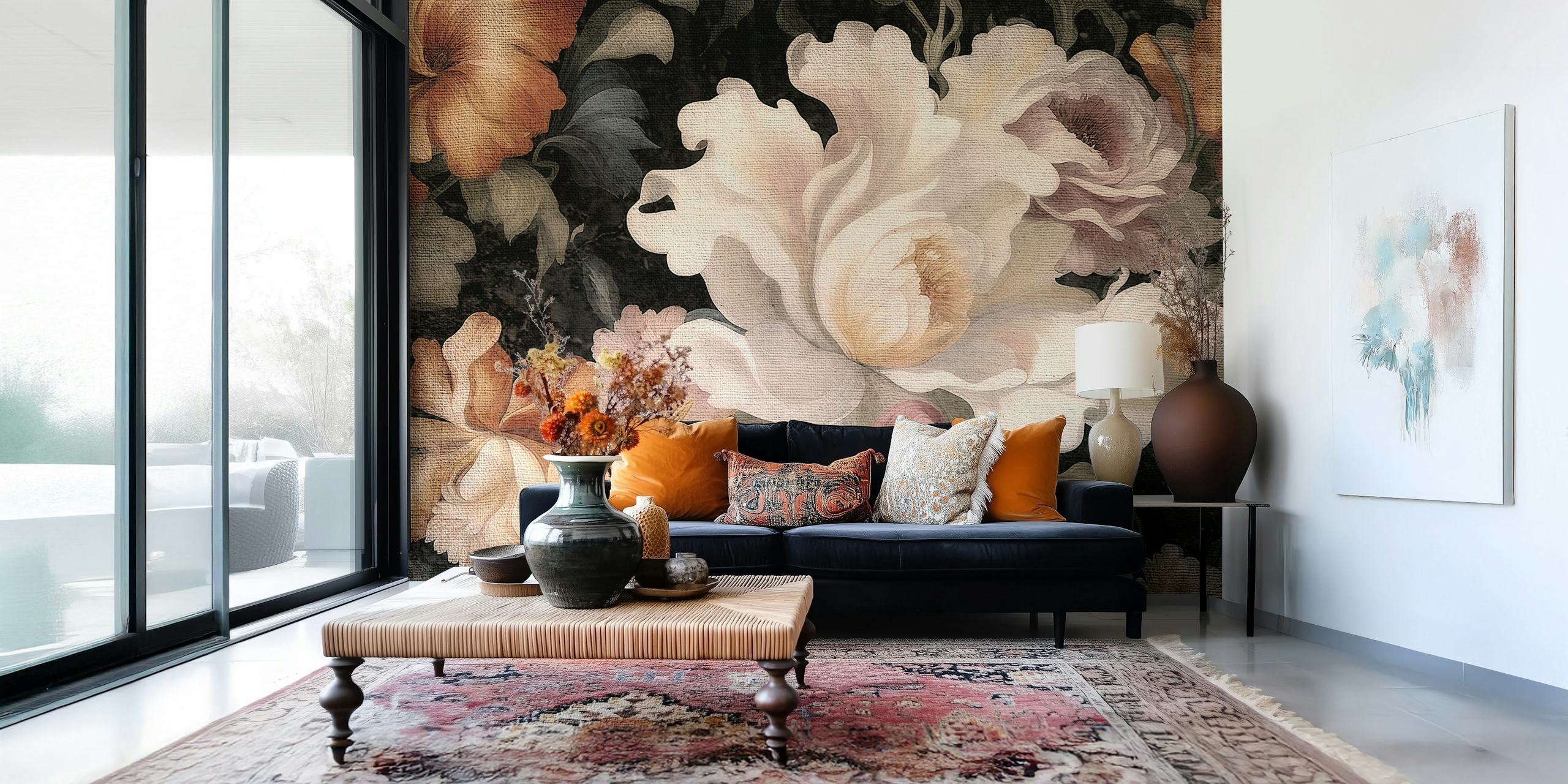 Enorme mural de pared Antique Moody Flowers con un diseño floral a gran escala sobre un fondo oscuro