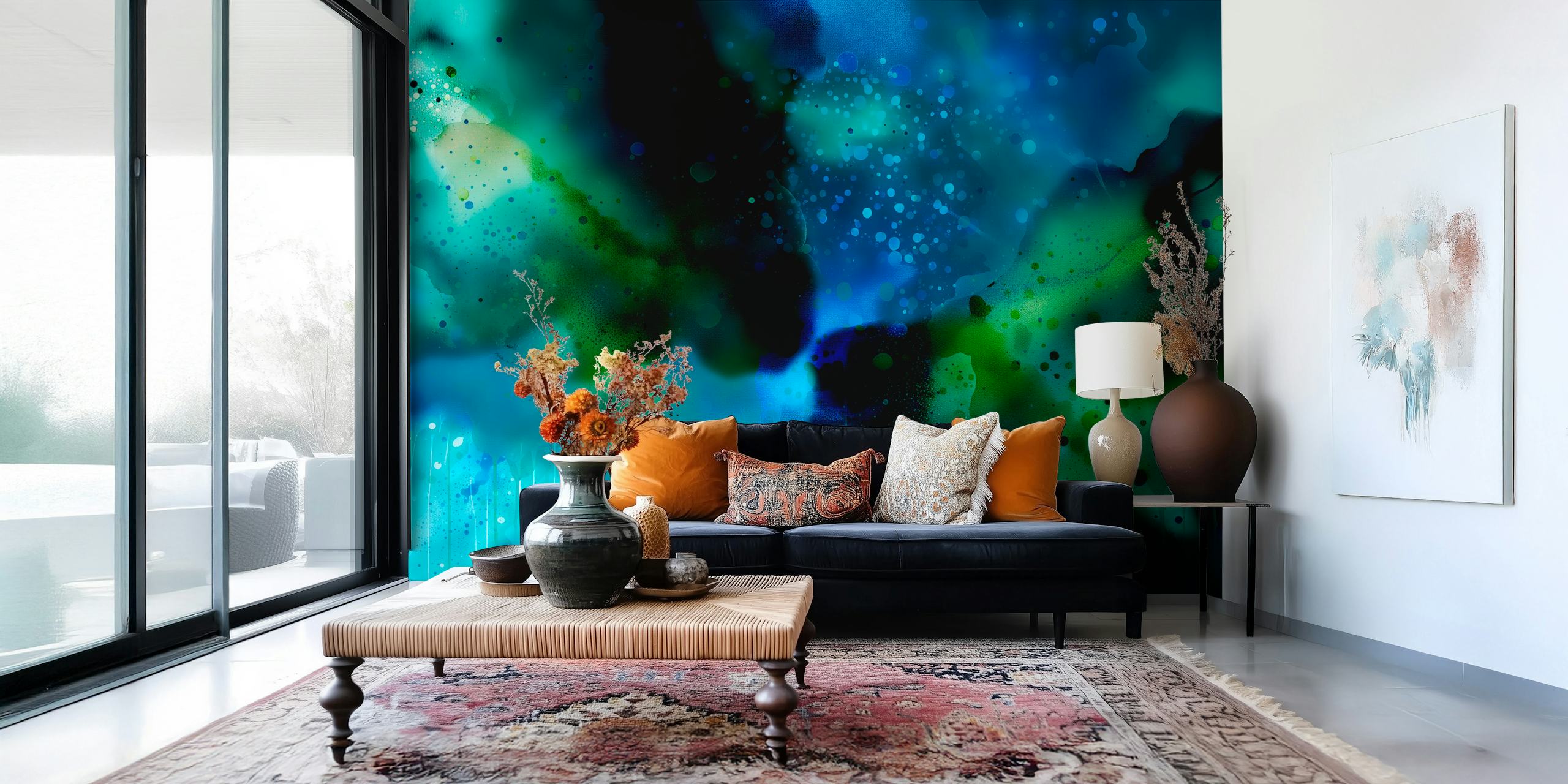Papel tapiz Meditative Universe Teal Green en una habitación