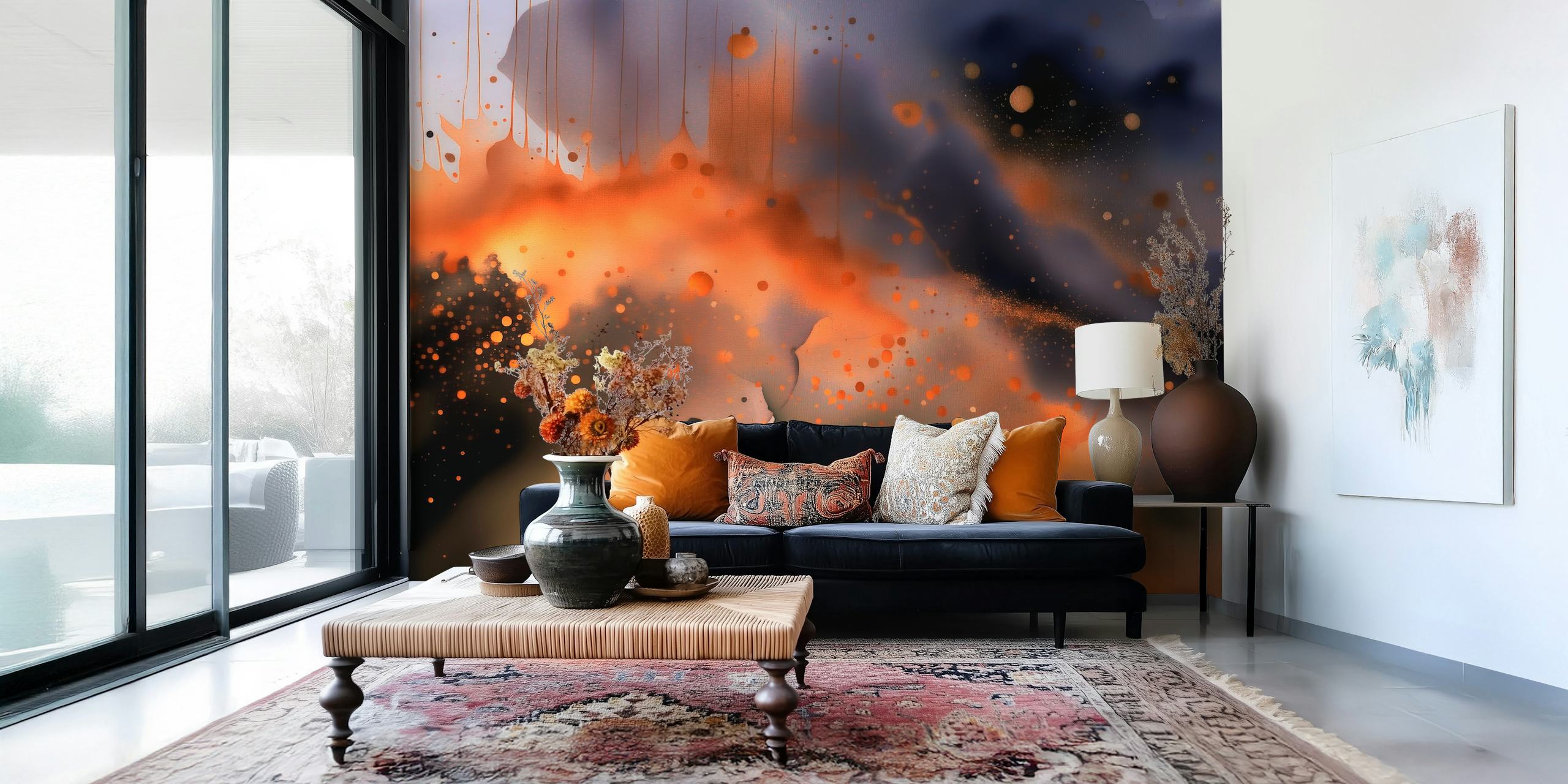 Abstract wallpaper featuring orange and black colors with splatter patterns