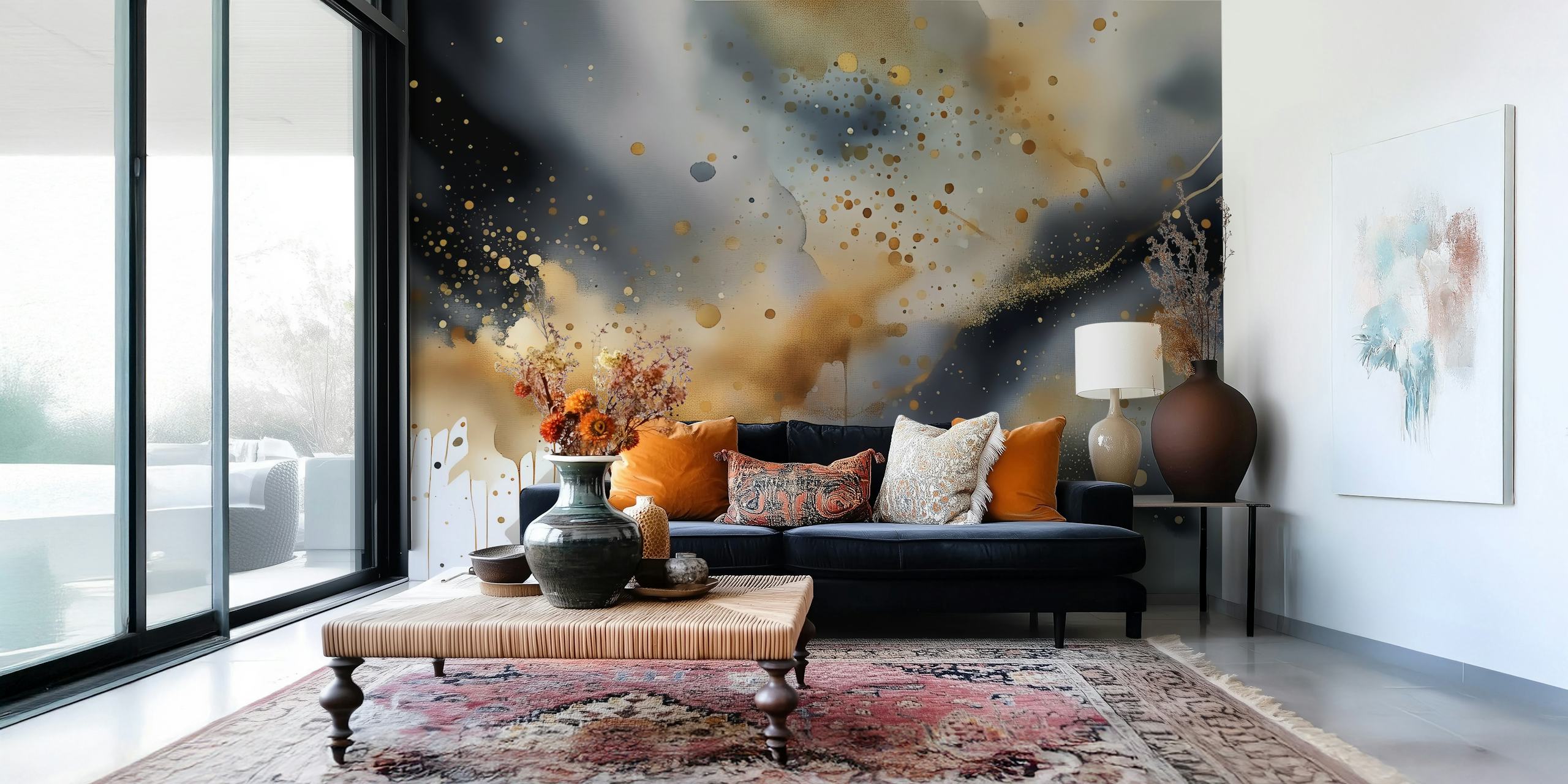 Abstract marble wallpaper in black, grey, and gold hues